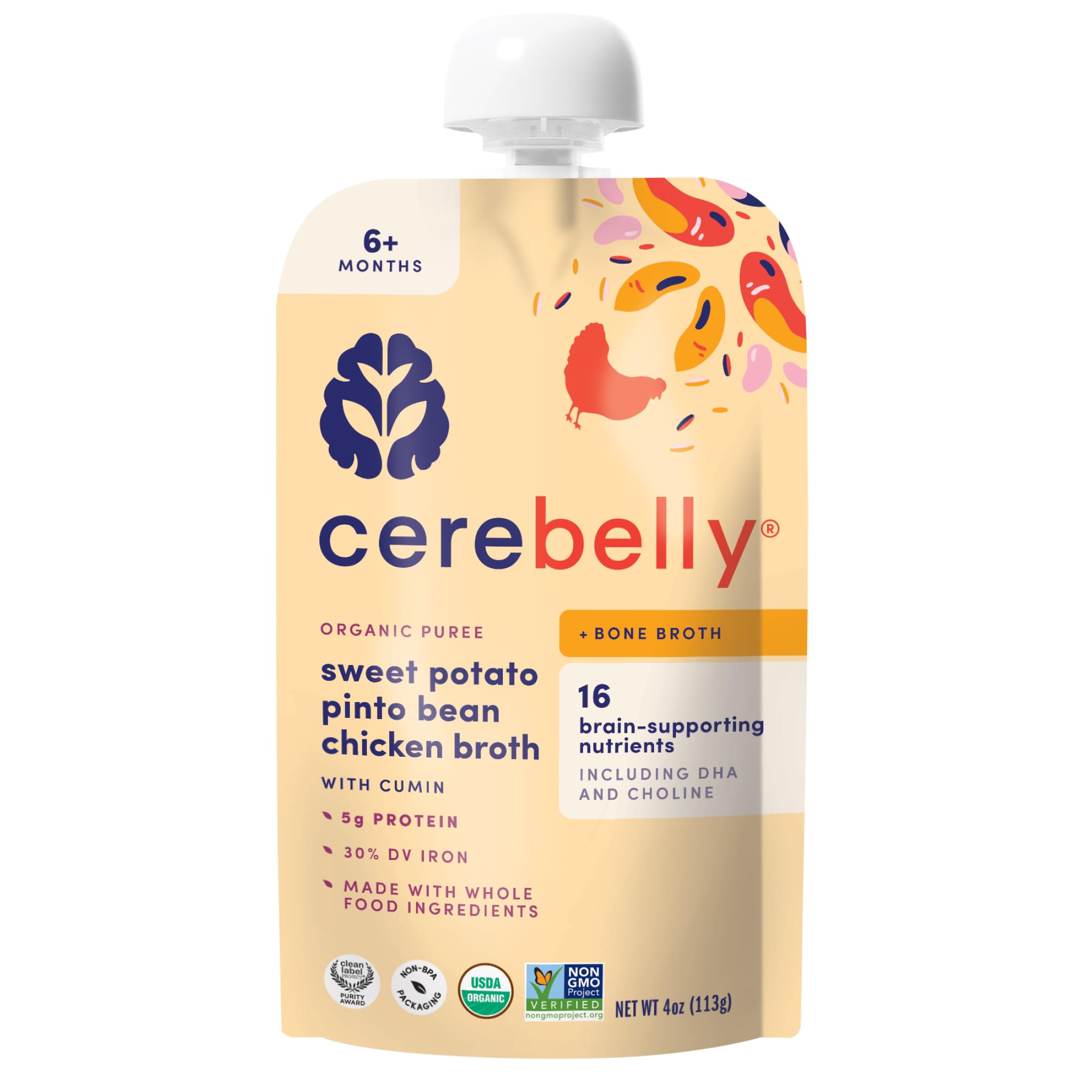 Cerebelly Organic Baby Food Pouches, Sweet Potato Pinto Bean with Chicken Bone Broth, 16 Nutrients, Protein & Healthy Fats, 4oz, 1 Count