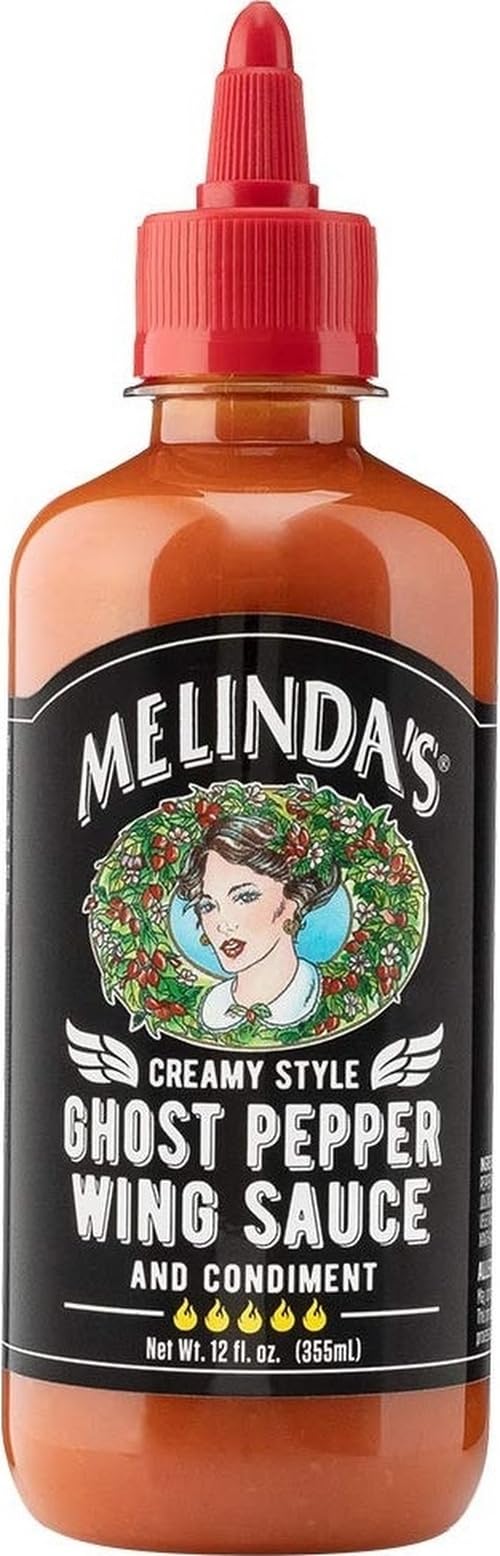Melinda’s Ghost Pepper Wing Sauce - 12 Oz, 1 Pack - Gourmet Spicy Hot Sauce - Made with Fresh Ingredients, Ghost Peppers (Bhut Jolokia), Habanero Pepper, Carrot, Garlic, Lime - Vegan, Gluten Free
