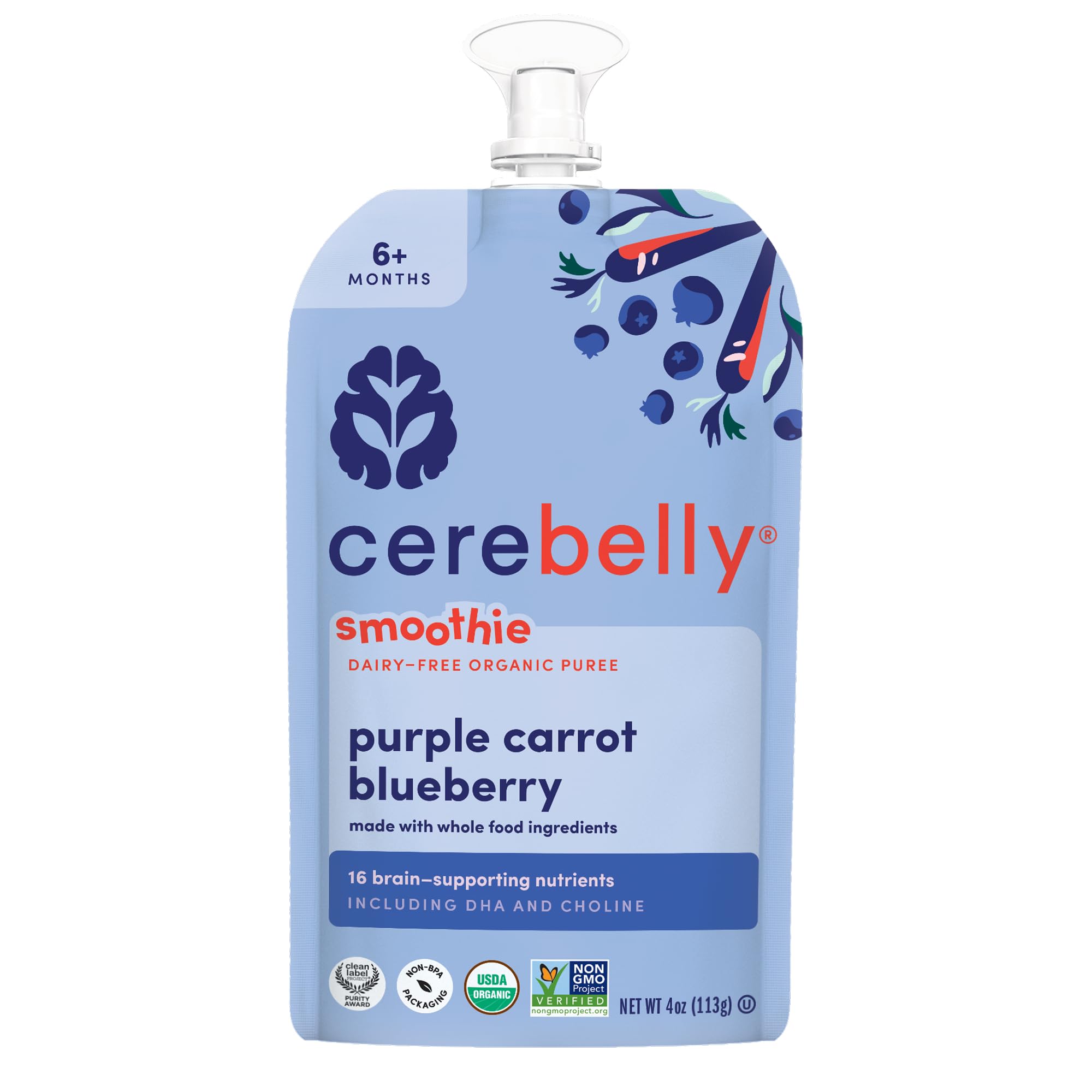 Cerebelly Organic Baby Food Pouches, Purple Carrot Blueberry Dairy-Free Smoothies, 16 Nutrients, No Added Sugar, Fiber & Non-GMO, 4oz, 1 Count