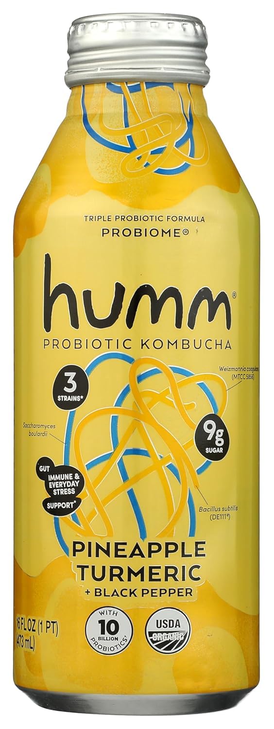 HUMM KOMBUCHA Organic Pineapple Turmeric Probiome Kombucha, 16 FZ