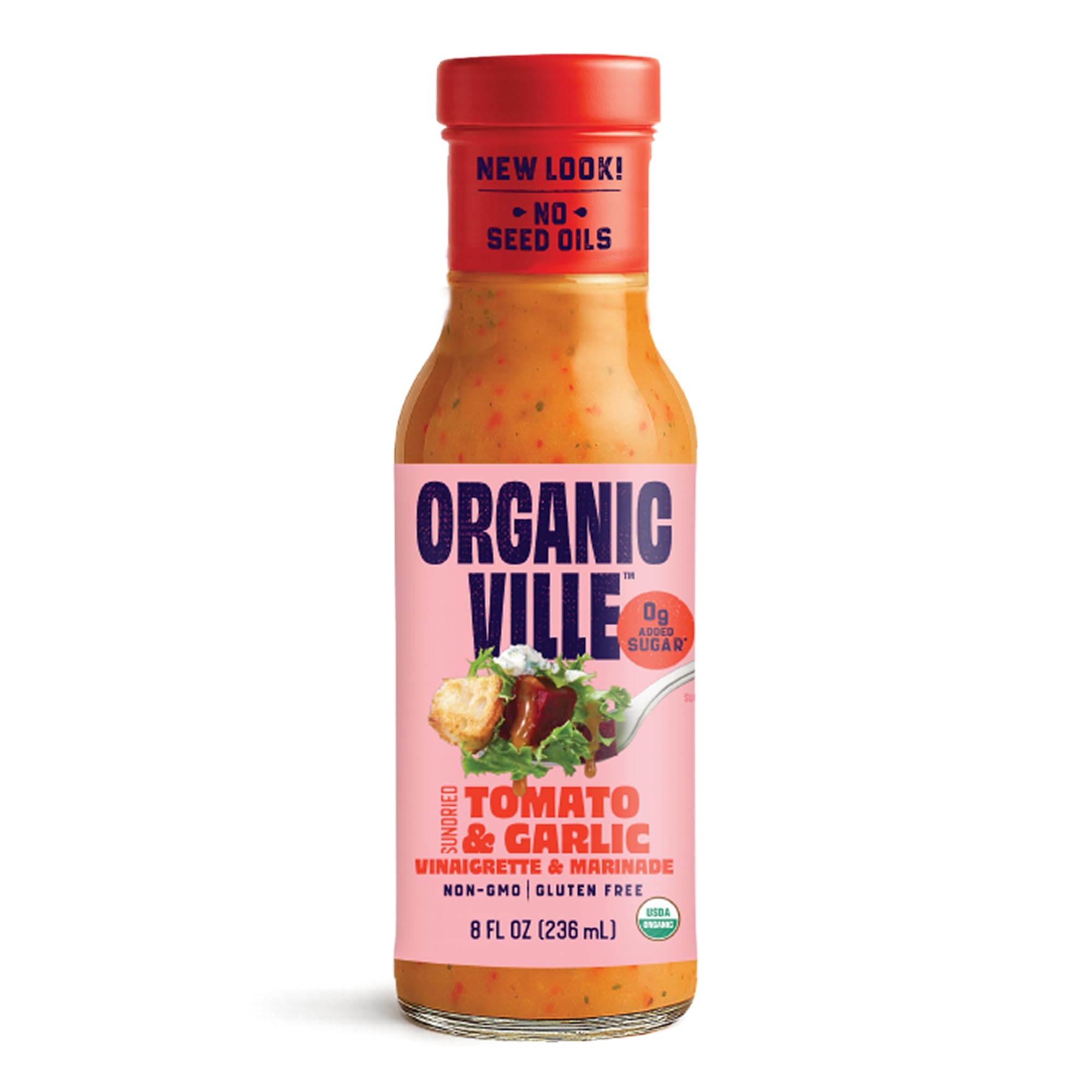 Organicville Sun Dried Tomato & Garlic Salad Dressing - Organic Vinaigrette & Marinade with No Seed Oils, Canola, or Soy, Keto & Paleo Friendly, Vegan, 0g Added Sugar Dressing - 8 fl oz