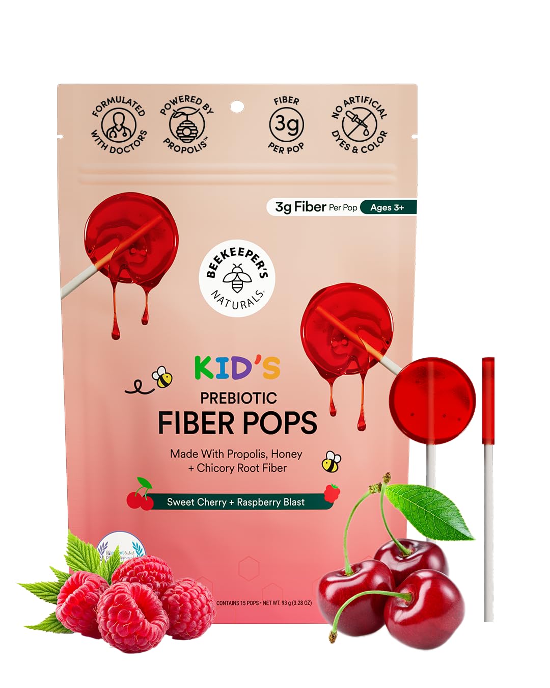 Beekeeper's Naturals Kids Prebiotic Fiber Lollipops, Honey & 3g Fiber, 15ct | Doctor Formulated Fiber Supplement, Supports Digestive Regularity, 3g of Fiber & Honey, 15 ct