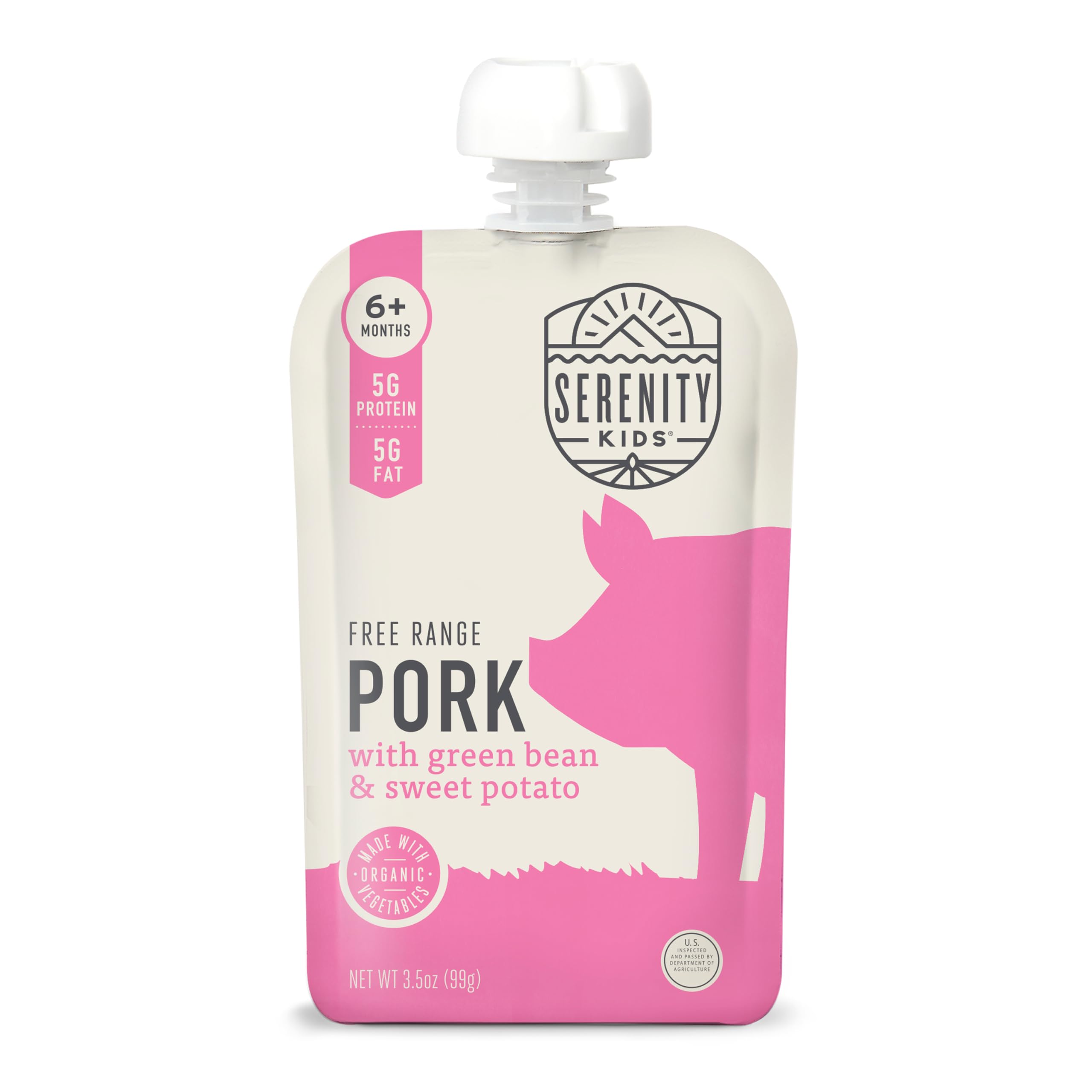 Serenity Kids 6+ Month Baby Food Pouches - Free Range Pork with Organic Green Bean & Sweet Potato Puree - BPA-Free Food Pouches for Baby - 3.5 Oz, 1 count