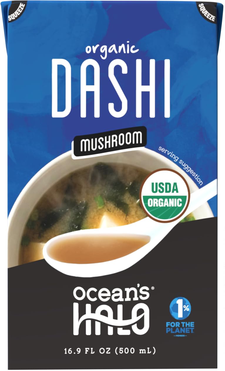 Ocean’s Halo Organic Mushroom Dashi, Japanese-Style Soup Broth, 500mL | Savory mushroom dashi with deep umami flavor; ready-to-use for soups, noodles, rice, vegetables, and sauces.