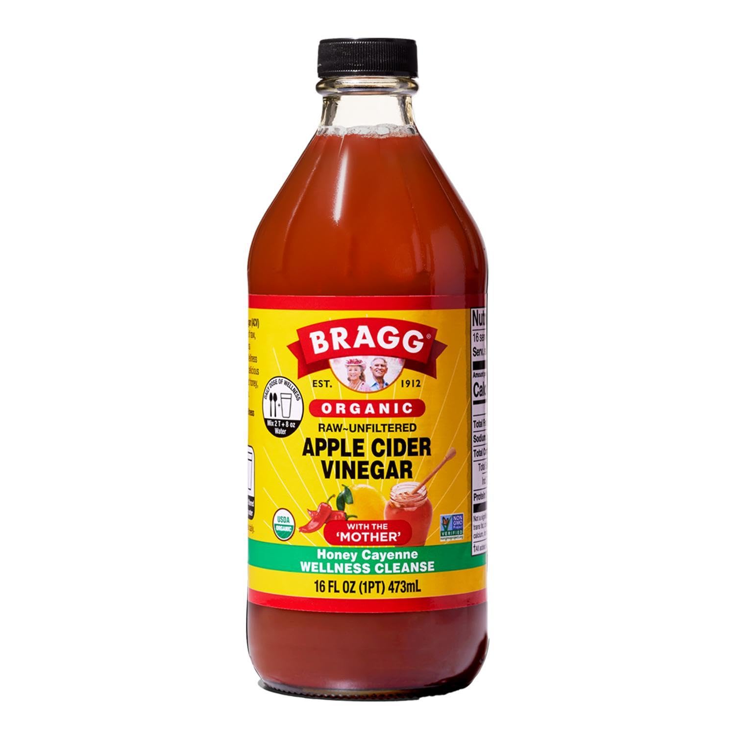 Bragg Organic Apple Cider Vinegar Honey Cayenne 16 oz - Raw with the Mother | Unfiltered, naturally fermented, contains live cultures, bold spiced flavor, great for a morning wellness tonic