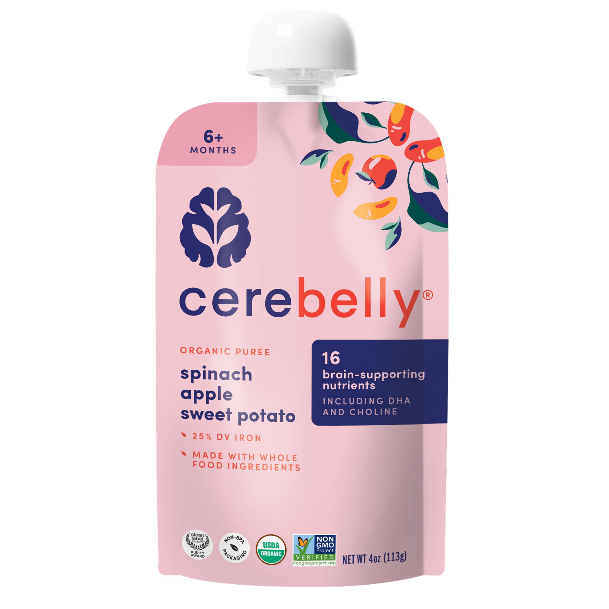 Cerebelly Organic Baby Food Pouches, Spinach Apple Sweet Potato Purees, 16 Nutrients, No Added Sugar, Fiber & Non-GMO, 4oz, 1 Count