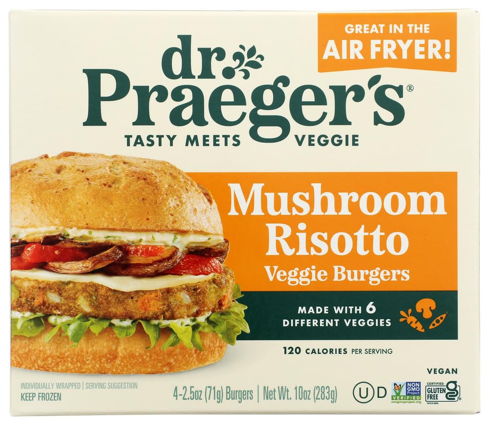 Dr. Praeger's Mushroom Risotto Veggie Burgers, 4 Count, 10 oz | Savory mushroom, brown and Arborio rice veggie burgers; vegan, gluten free, soy free and Non-GMO