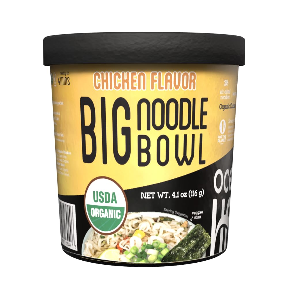 Organic Chicken Flavor Big Noodle Bowl, 4.02 Ounce | Big noodle bowl with savory no chicken flavor; plant-based, convenient, and easy for a quick lunch or meal.