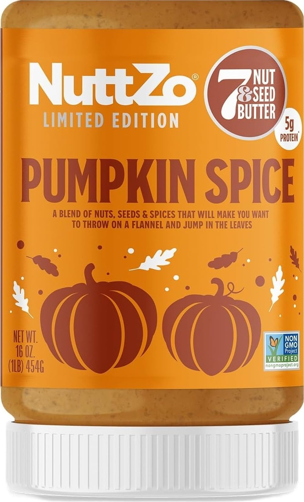 NuttZo Pumpkin Spice Power Fuel 7-Nut-and-Seed Butter, 16 oz | Seasonal crunchy blend of 7 nuts and seeds with cinnamon, nutmeg, ginger and clove; gluten-free, vegan, kosher and non-GMO