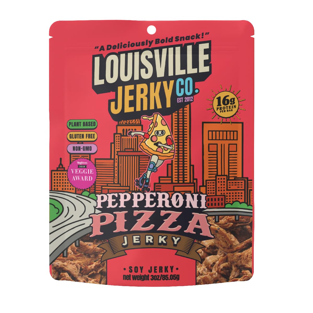 Louisville Jerky Co. Pepperoni Pizza Vegan Jerky, 3 oz, 1-Pack | Gluten-Free, Non-GMO, Plant-Based Protein Snack, Vegetarian Jerky, Pepperoni Pizza Flavor, Ready-to-Eat, Chewy Texture