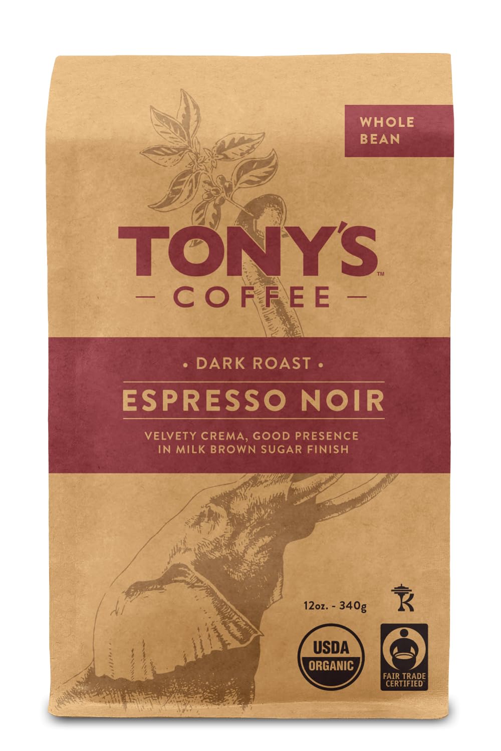 Espresso Noir (12oz), Medium-Dark Roast Whole Bean Coffee, Organic and Fair Trade