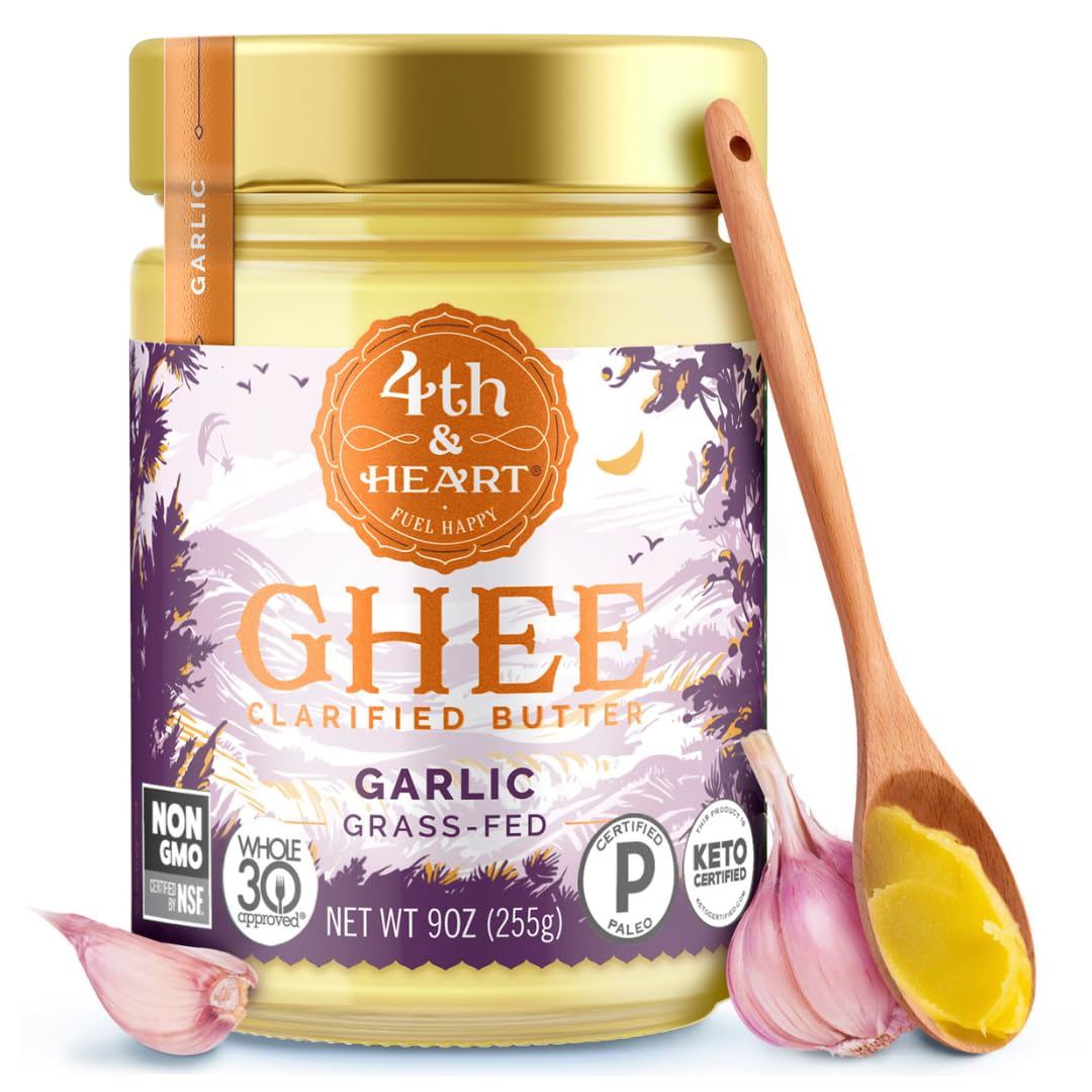 4th & Heart Garlic Grass-Fed Ghee, Clarified Butter, 9 oz. | 100% Butterfat, Pasture-Raised, Supports Gut Health, Lactose & Casein Free, High Smoke Point, Keto & Paleo, Shelf-Stable.
