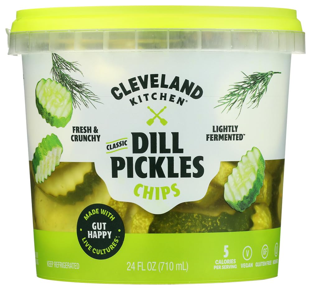 Cleveland Kitchen Classic Dill Pickle Chips - Lightly Fermented, Fresh & Crunchy, Bold Dill Flavor with a Hint of Garlic, Sugar Free, Vegan & Kosher, 24 oz