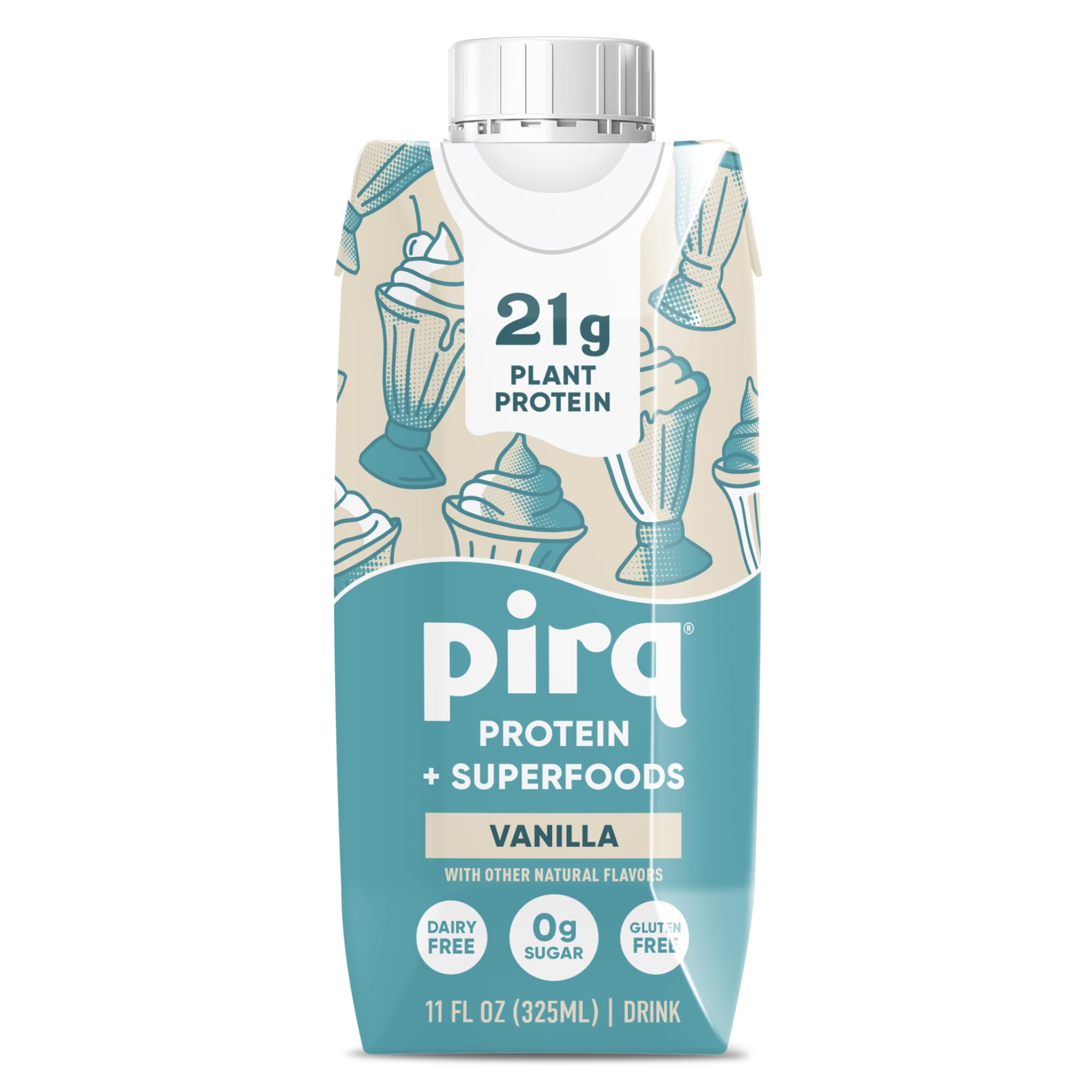 Pirq Plant-Based Protein Shakes | Vanilla 11 Fl Oz (Pack of 4) | Dairy-Free, Gluten-Free, Soy-Free, Zero Sugar