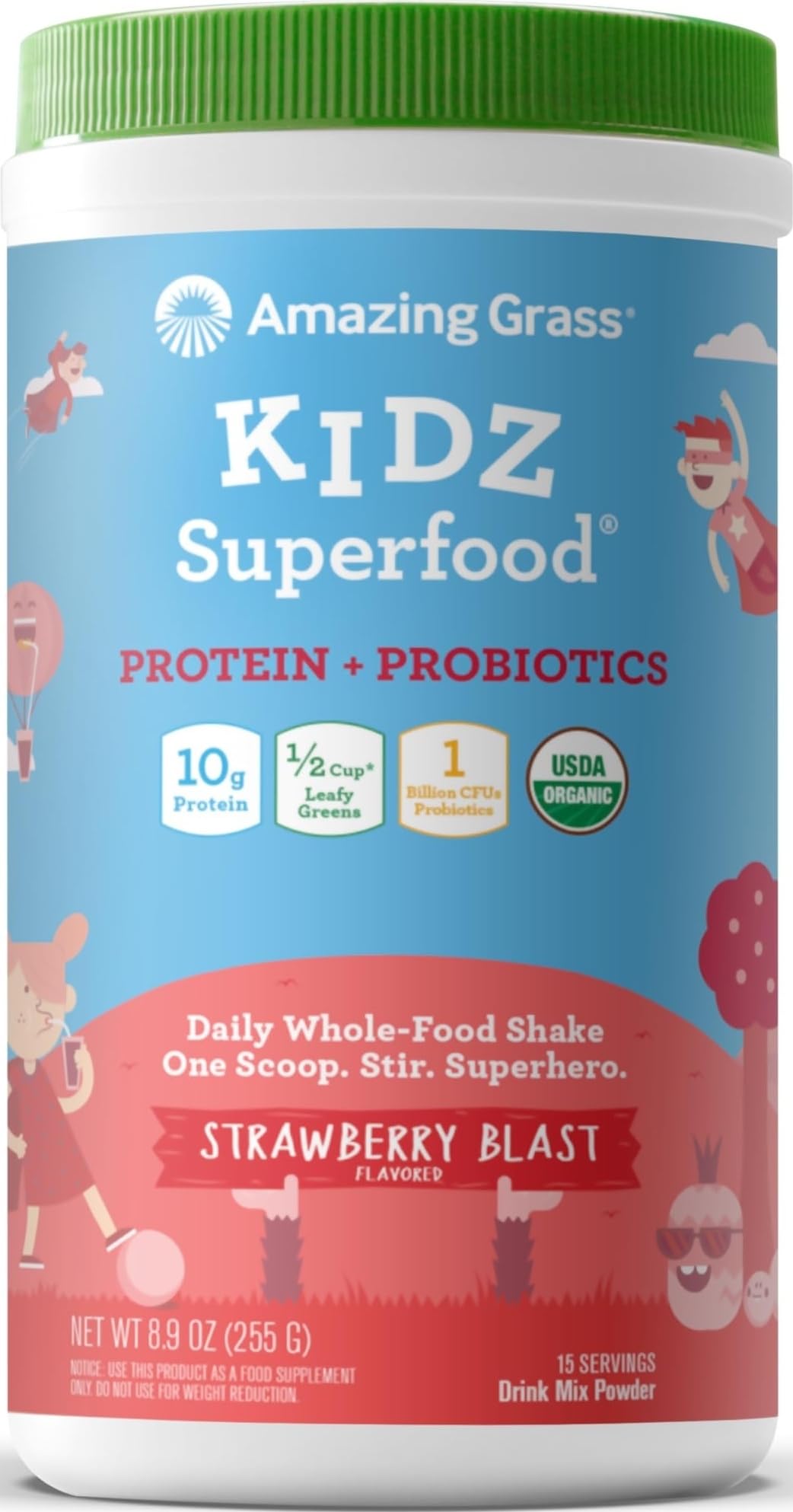 Amazing Grass Kidz Superfood Vegan Protein, Strawberry Blast, 15 Servings | Plant-Based Protein & Probiotics for Kids with Beet Root Powder, 10g Protein, 1 Billion CFU, USDA Organic