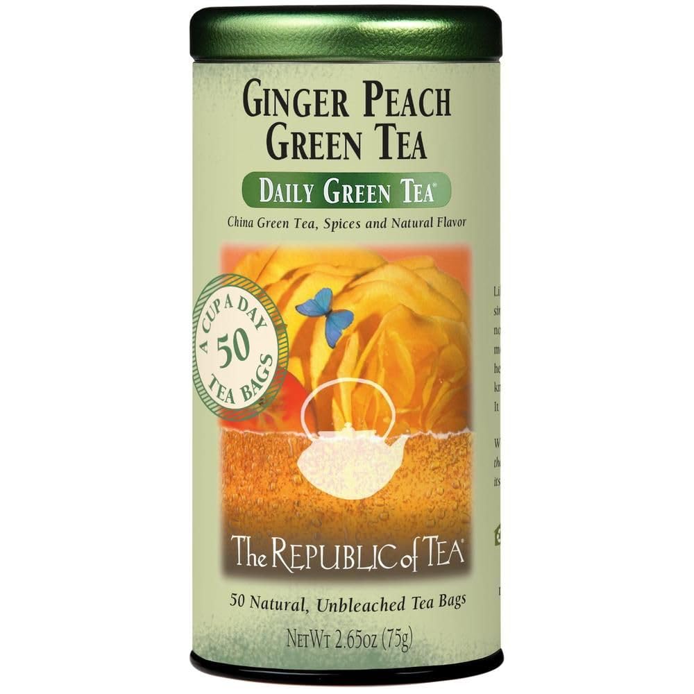 The Republic of Tea Daily Green Ginger Peach Green Tea, Low Caffeine, 50 Ct | A gentle cup for everyday sipping. Fresh and lightly vegetal with notes of warming spice. Gluten Free and Carb Free.