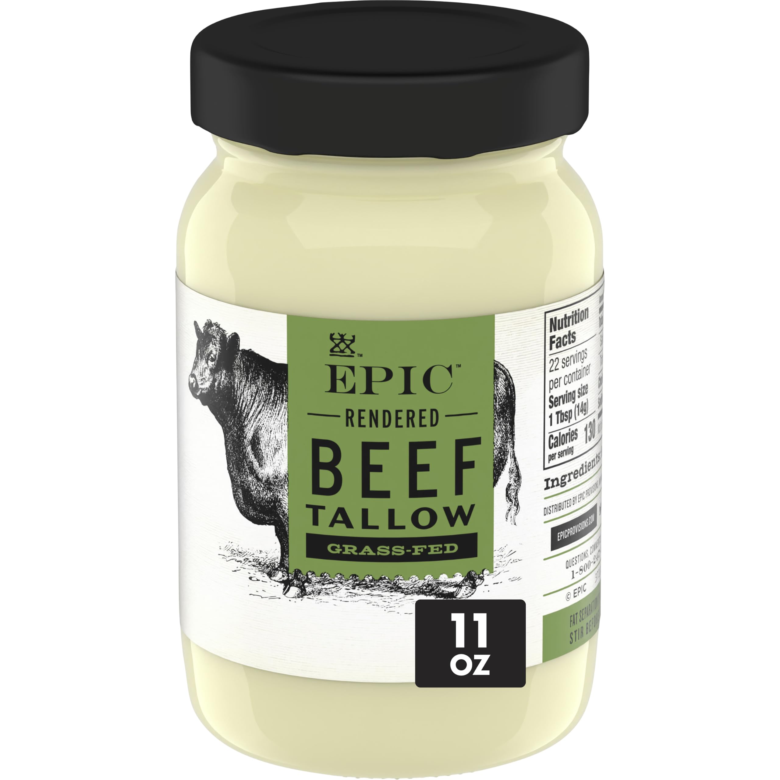 EPIC Beef Tallow, Grass-Fed, Keto Friendly, Whole30, 11oz Jar | Rendered Grass-Fed Beef, High-Heat Stable Cooking Fat, Gluten-Free & Paleo Friendly, Whole30 Approved