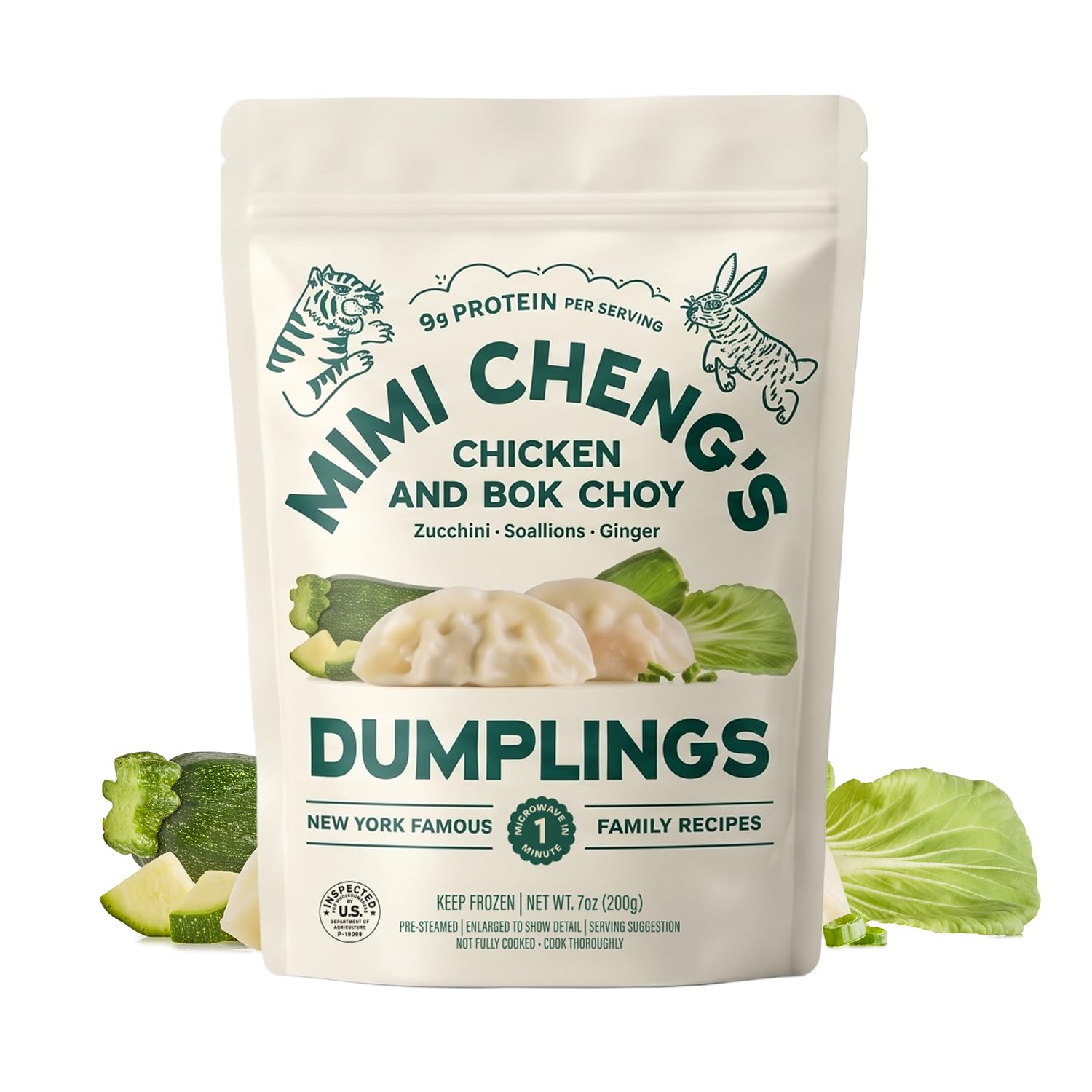 Mimi Cheng's Chicken Bok Choy Zucchini Dumplings – Frozen, Pre-Steamed, 7oz | Antibiotic-Free Chicken with Bok Choy & Zucchini. Pre-steamed, Ready in 1 minute. No Preservatives or Artificial Ingredients.