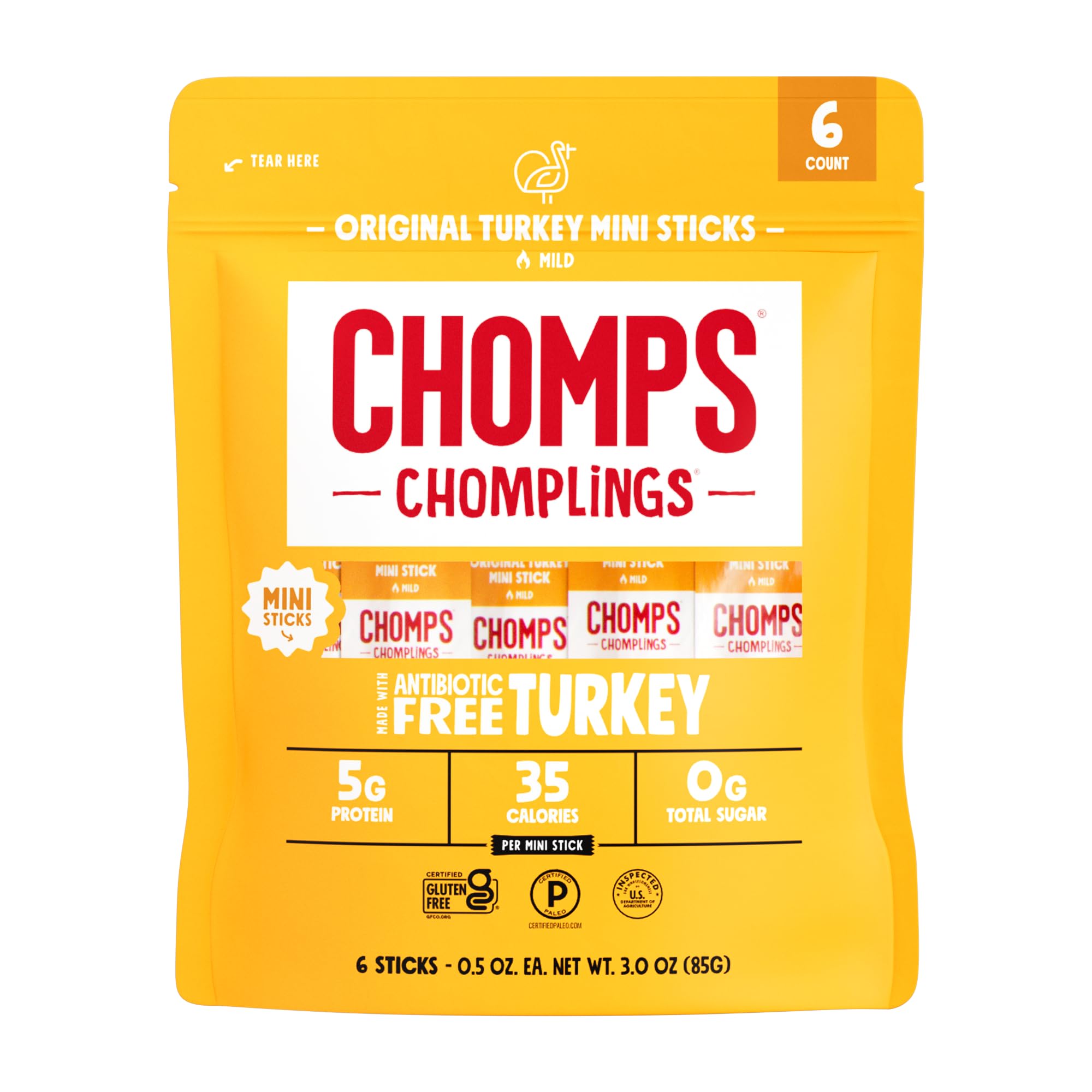 Chomps Original Turkey Chomplings Antibiotic Free, 6ct Protein Snack Stick | Keto, Paleo Snacks, Certified Gluten Free, Zero Sugar Jerky, 35 Calories Per 0.5 Oz Stick, Low Carb, Whole30 Diet