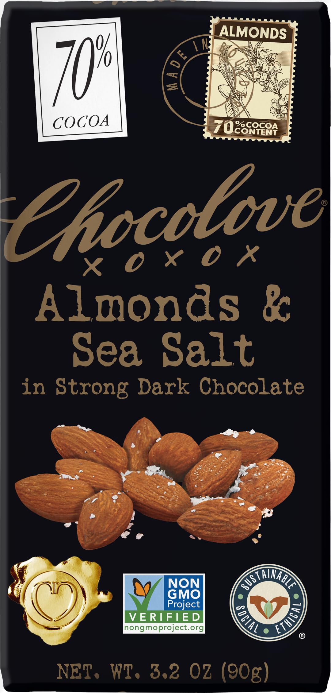 Chocolate Bar Dark Almonds Sea Salt 70%, 3.2 Ounce