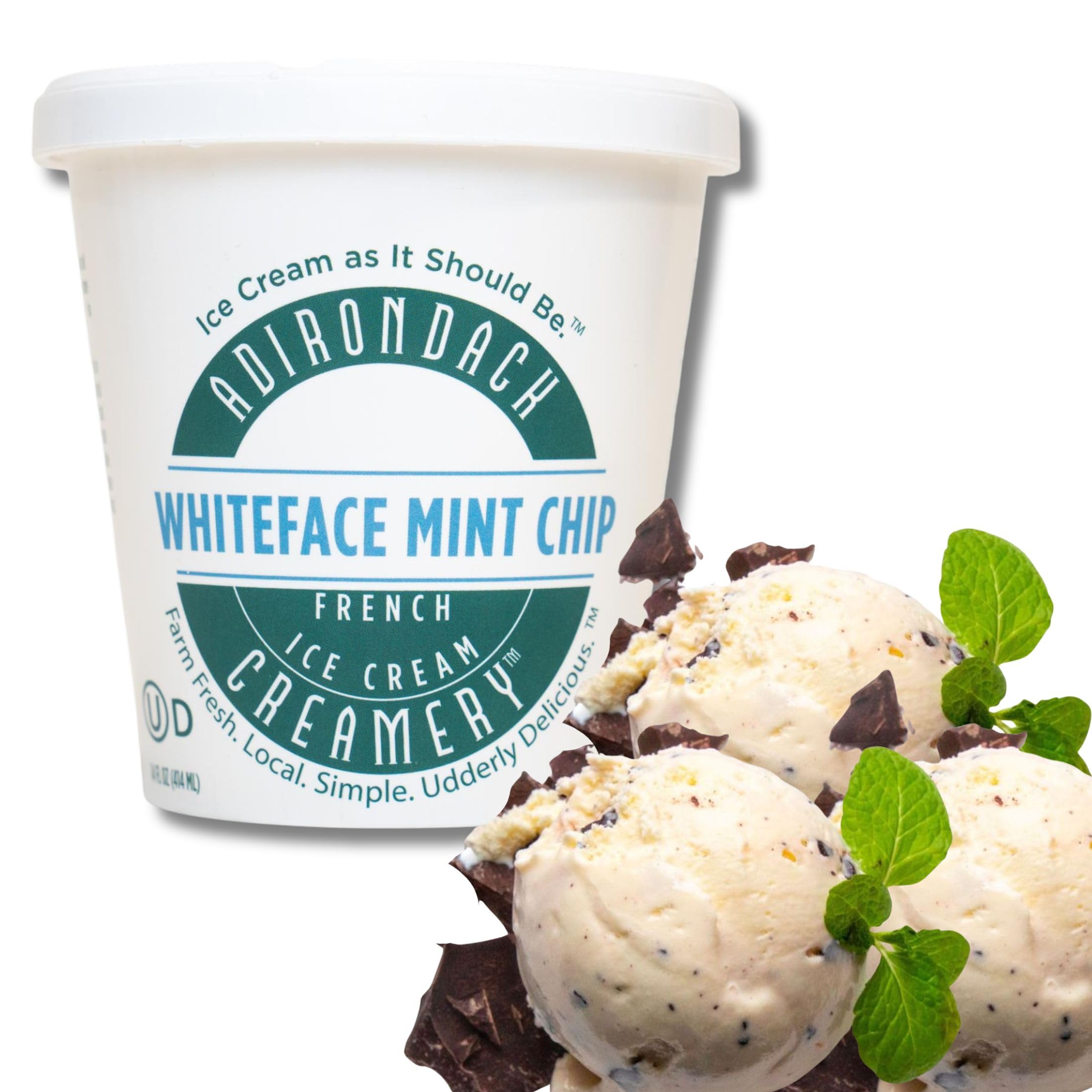 Adirondack Creamery - French Ice Cream - WhiteFace Mint Chip - All Natural, Kosher, & Cruelty-Free - Sourced from Local Farms - Made w/Pure Peppermint Extract - 14oz