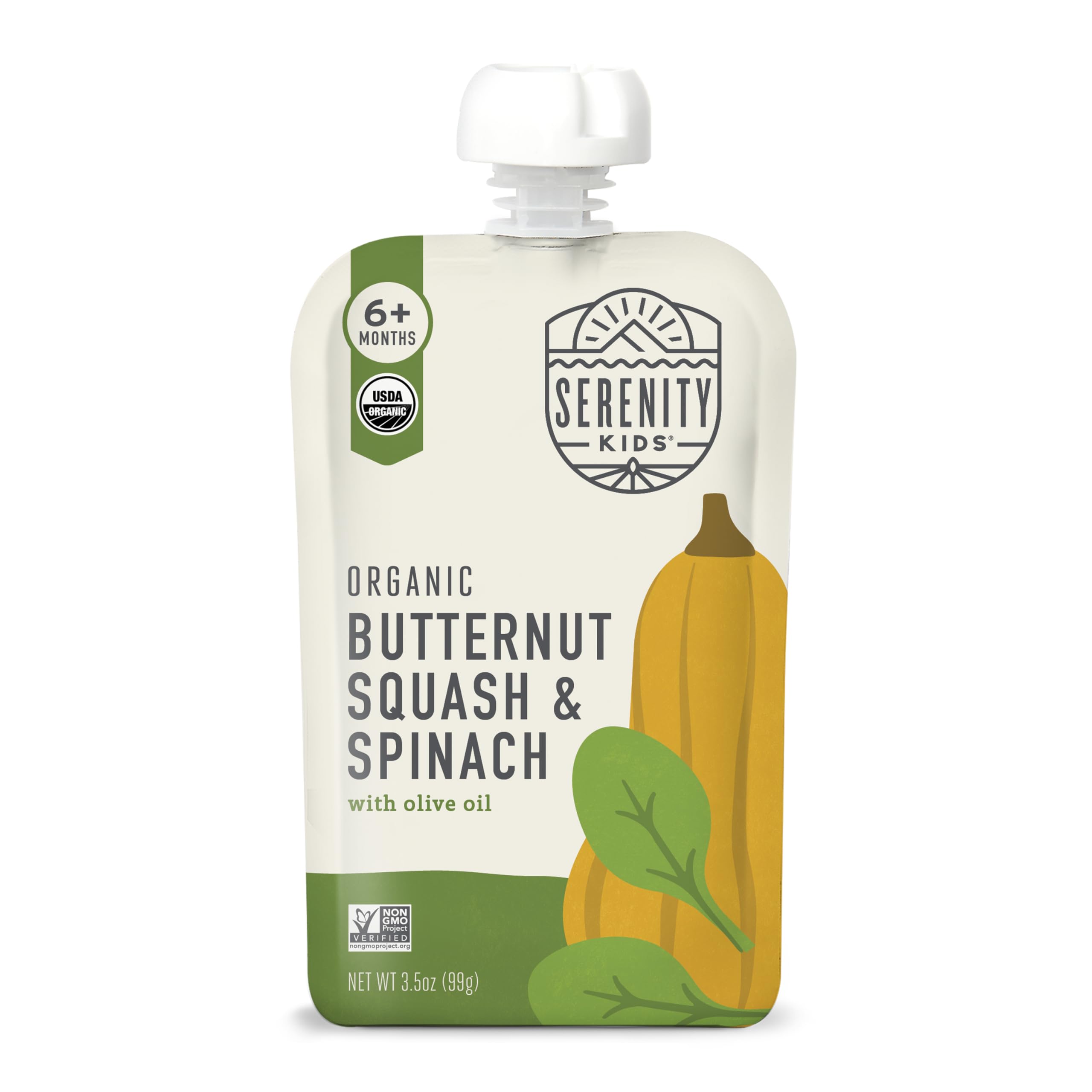 Serenity Kids Butternut & Spinach Baby Food Pouches, No Added Sugar, 3.5 Oz | Organic Baby Food Pouch, Veggie-First Puree, Baby Snacks, Infant & Toddler Pouches, Veggie Puree with Butternut Squash