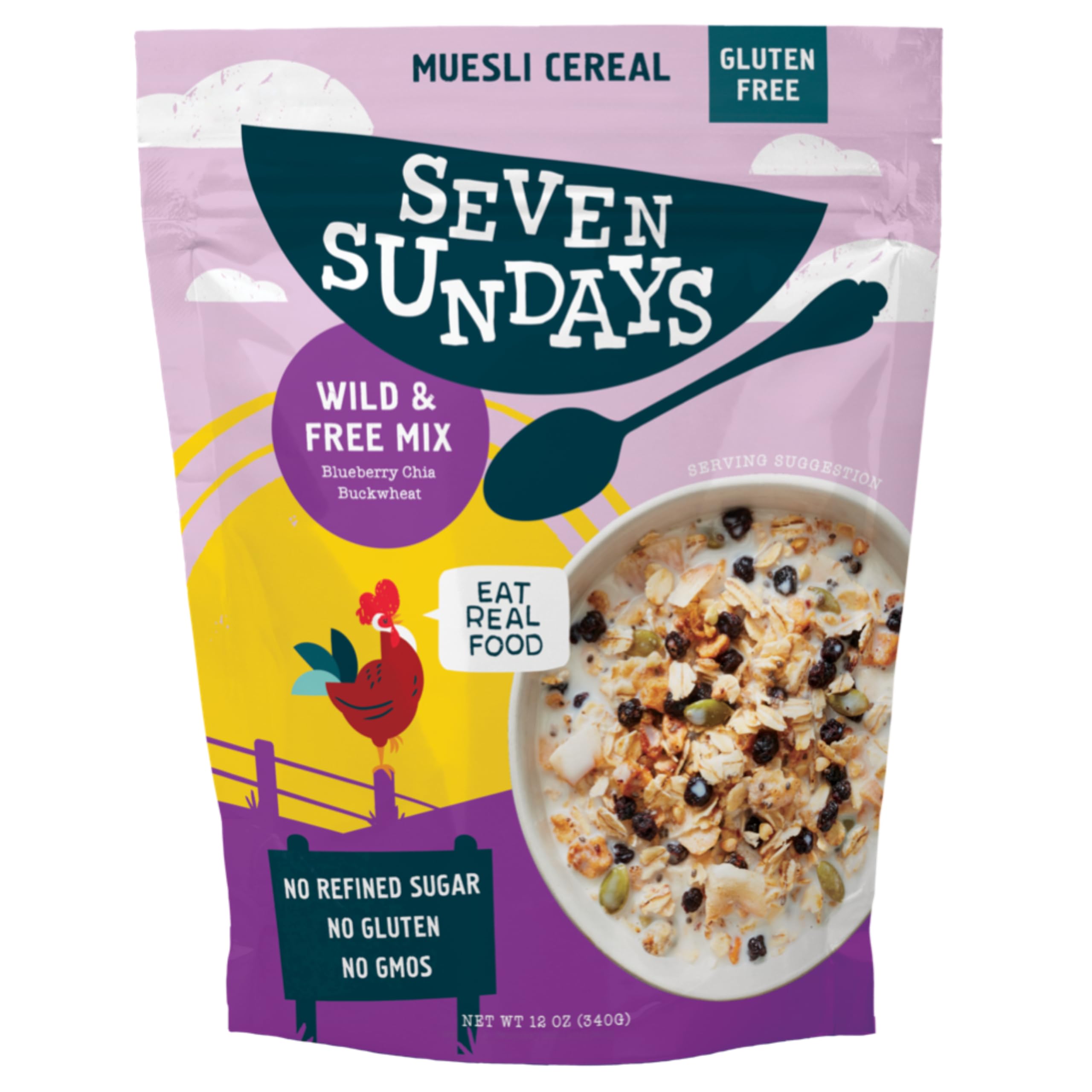 Seven Sundays Muesli Cereal, Wild and Free Blueberry Chia Buckwheat, 12 Oz Bag, Gluten Free, 0g Refined Sugar, Enjoy Warm, Cool or as Overnight Oats