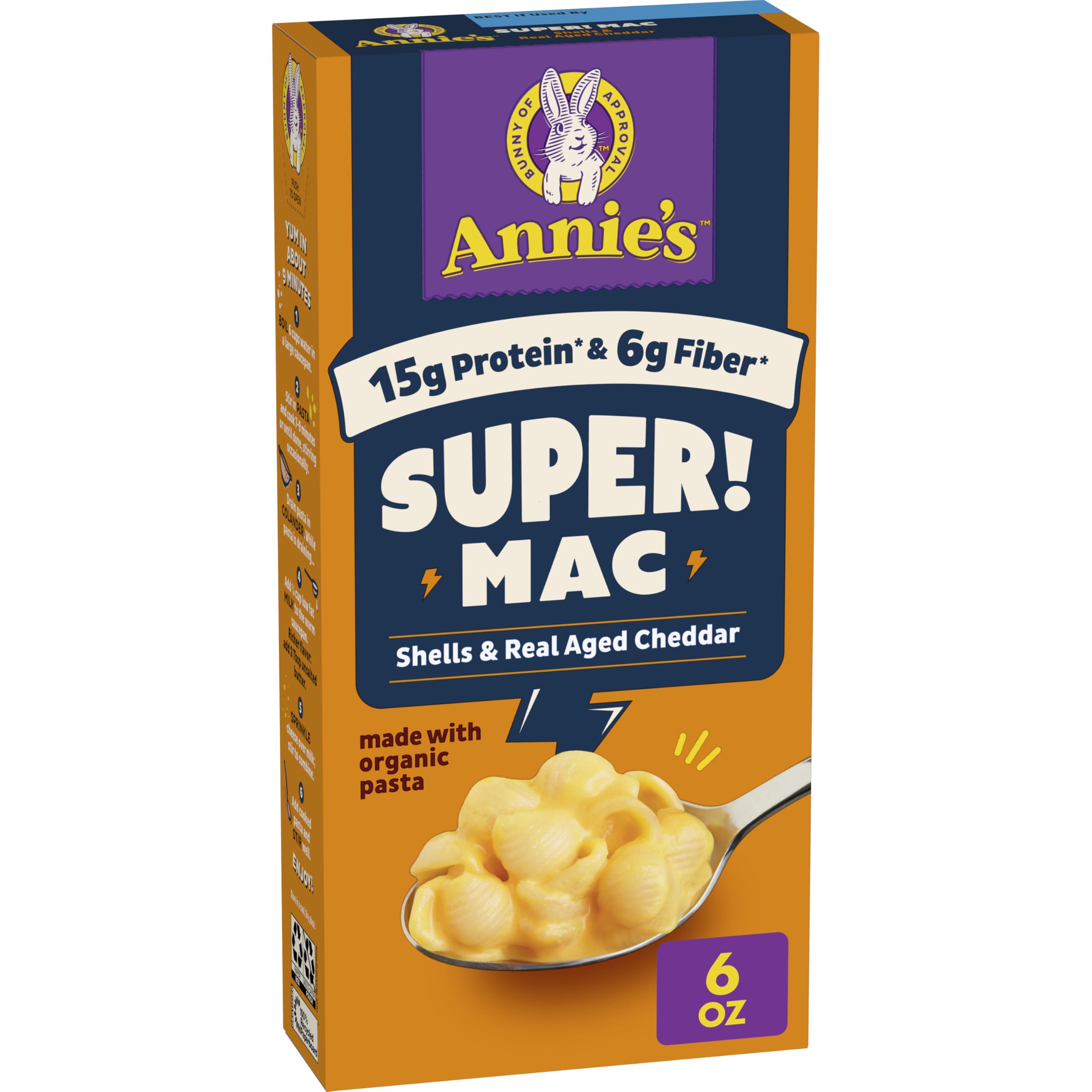 Annie's Super! Mac Shells and Real Aged Cheddar Mac & Cheese, 6 oz | 15g Protein and 6g Fiber Per Serving, Organic Wheat and Pea Pasta Shells, Ready in About 10 Minutes