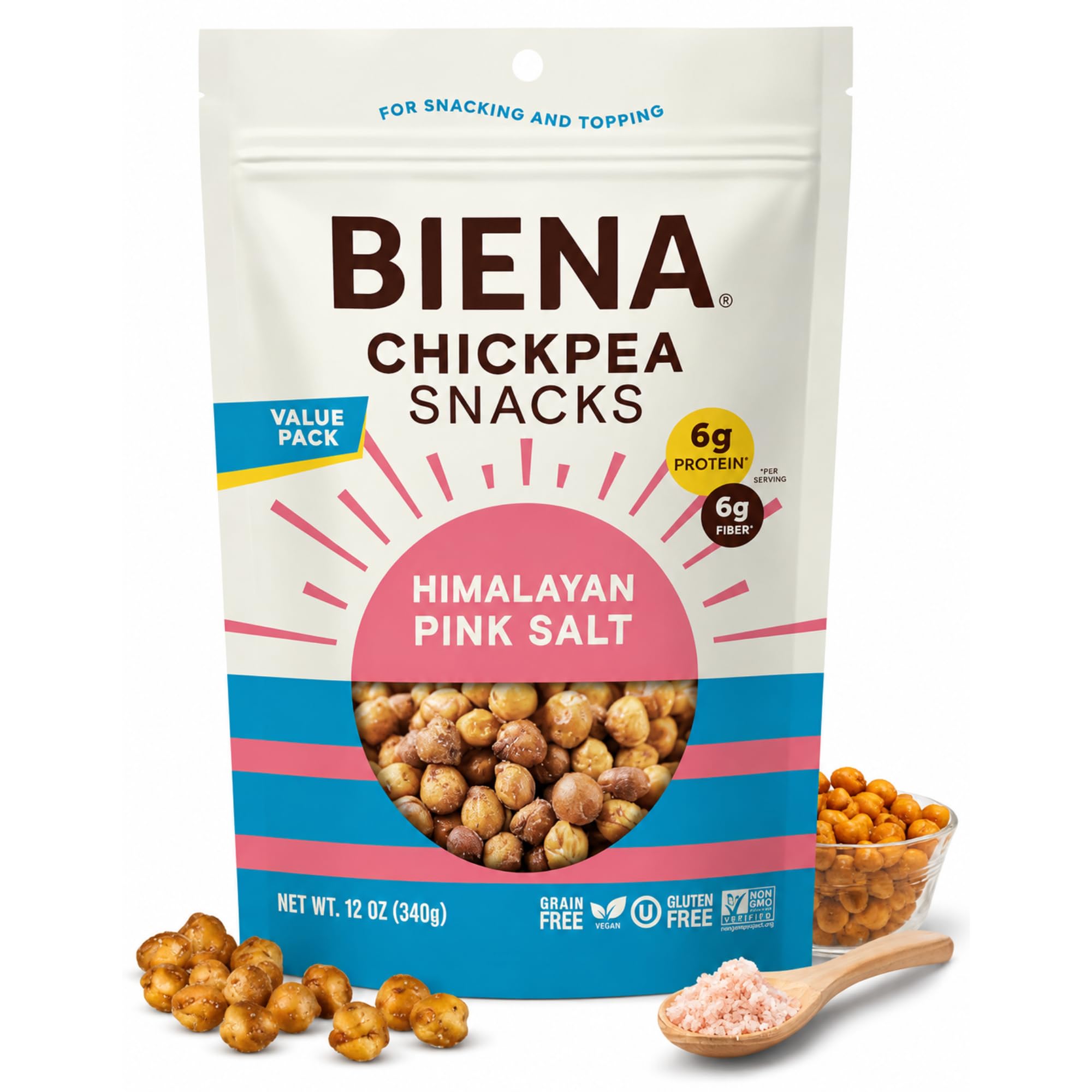 BIENA Chickpea Snacks - Crunchy Roasted Chickpeas - High Fiber Vegan Protein Snacks for Adults and Kids - Individual Pack - Himalayan Pink Salt