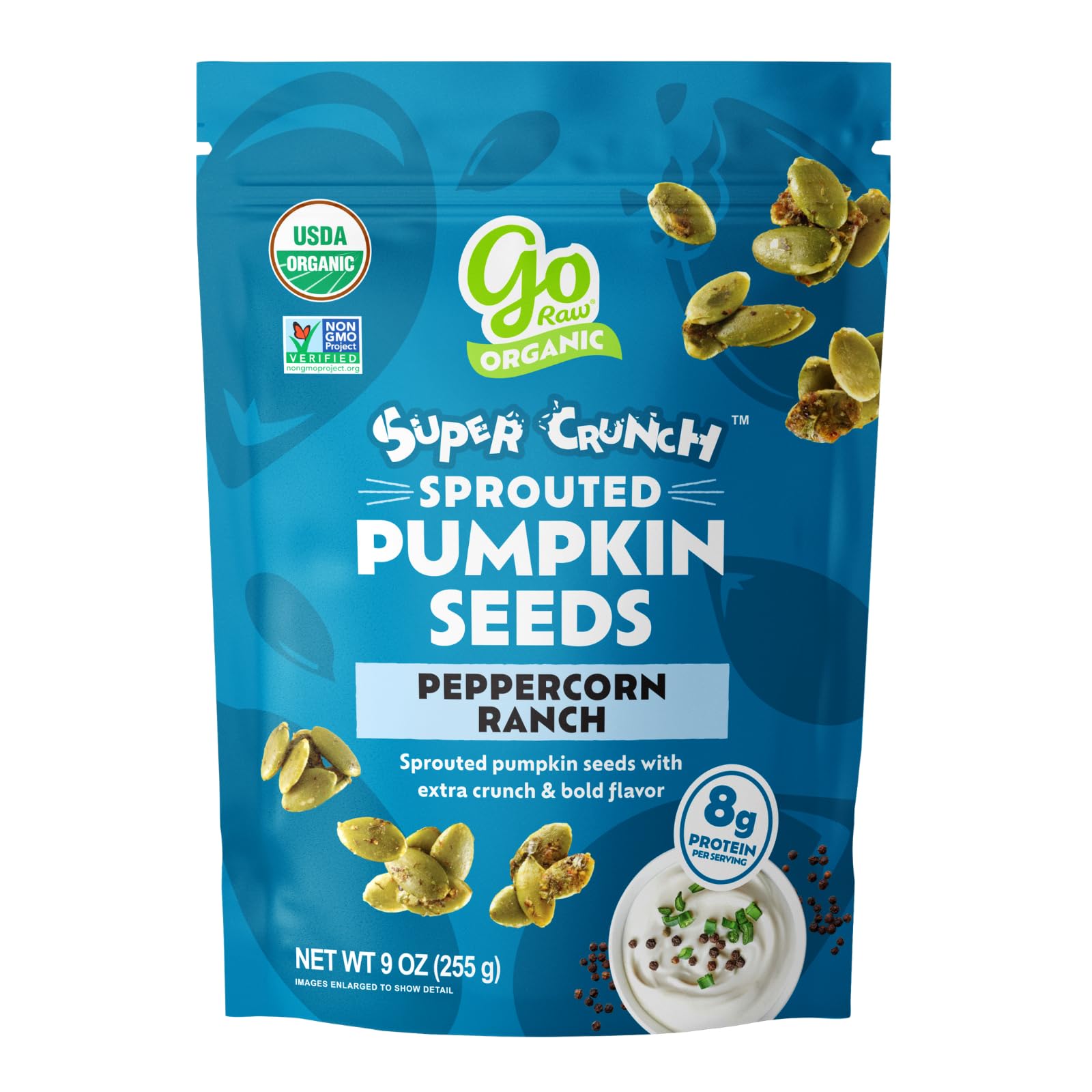 Go Raw Organic Sprouted Pumpkin Super Crunch Seeds - Peppercorn Ranch Snack | Pepitas, Keto, Non-GMO, Gluten-Free, Kosher, Paleo, Protein-Packed Superfood, Healthy Snack for Adults & Kids, 9oz Bag