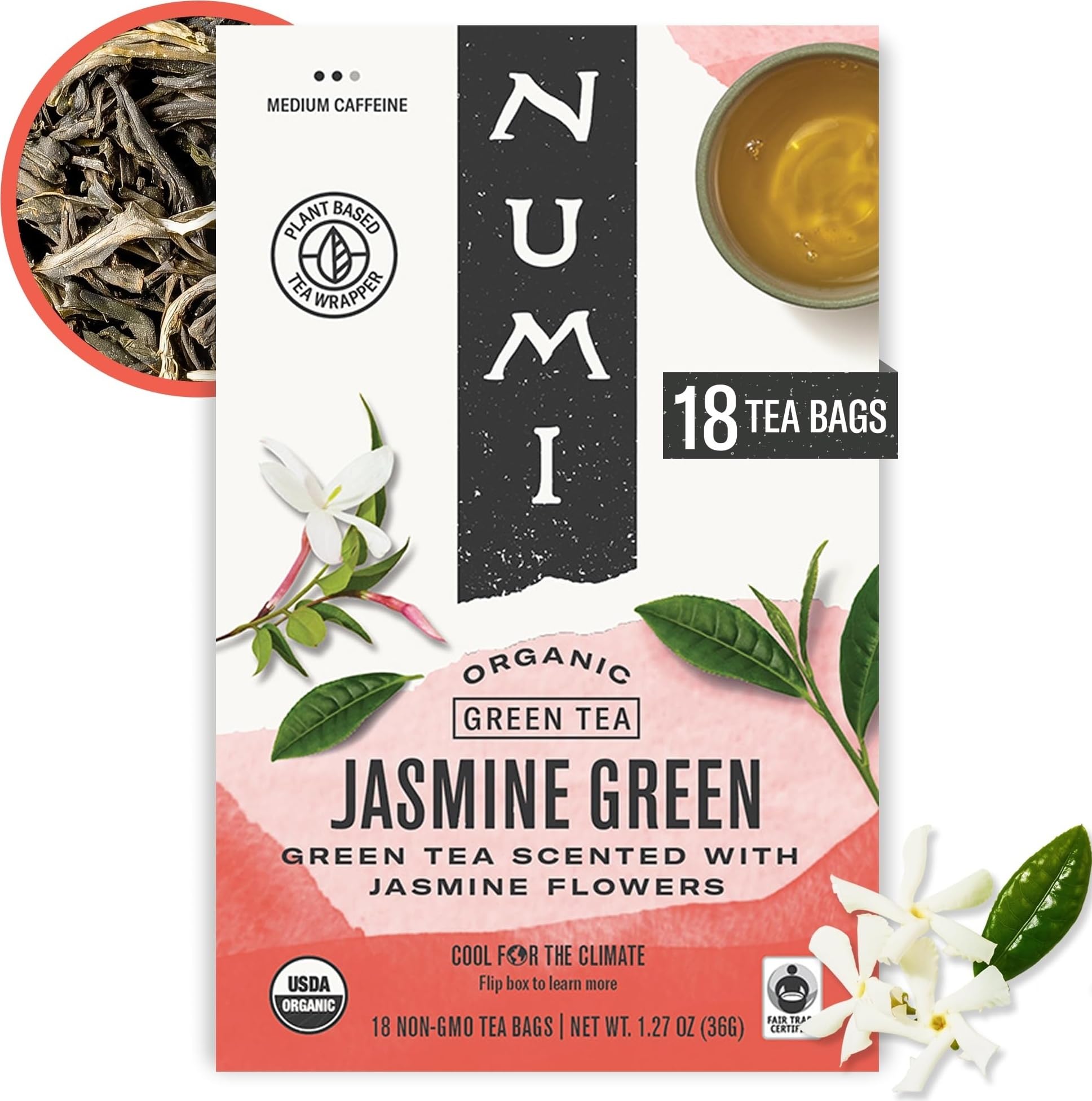 Numi Organic Jasmine Green Tea, 18 Green Tea Bags with Real Jasmine Flowers | Green Tea Leaves Scented with Real Jasmine Flowers