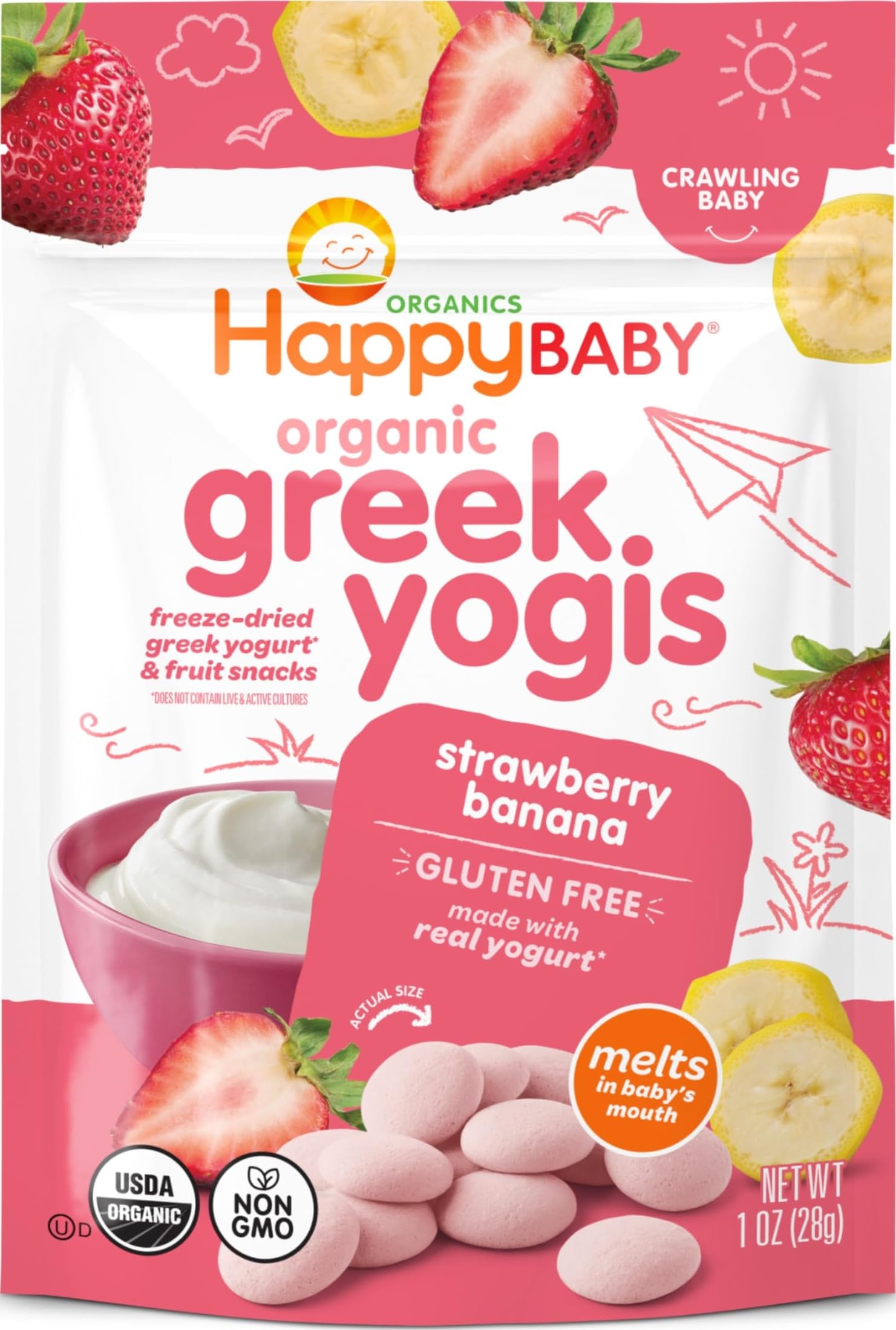 HAPPY BABY Greek Yogis, Strawberry & Banana, 1oz Pouch (8 Pack) | USDA Organic Baby Snack, Made with Real Fruit and Greek Yogurt, Gluten-Free, Supports Pincer Grasp, Non-GMO, Dissolving