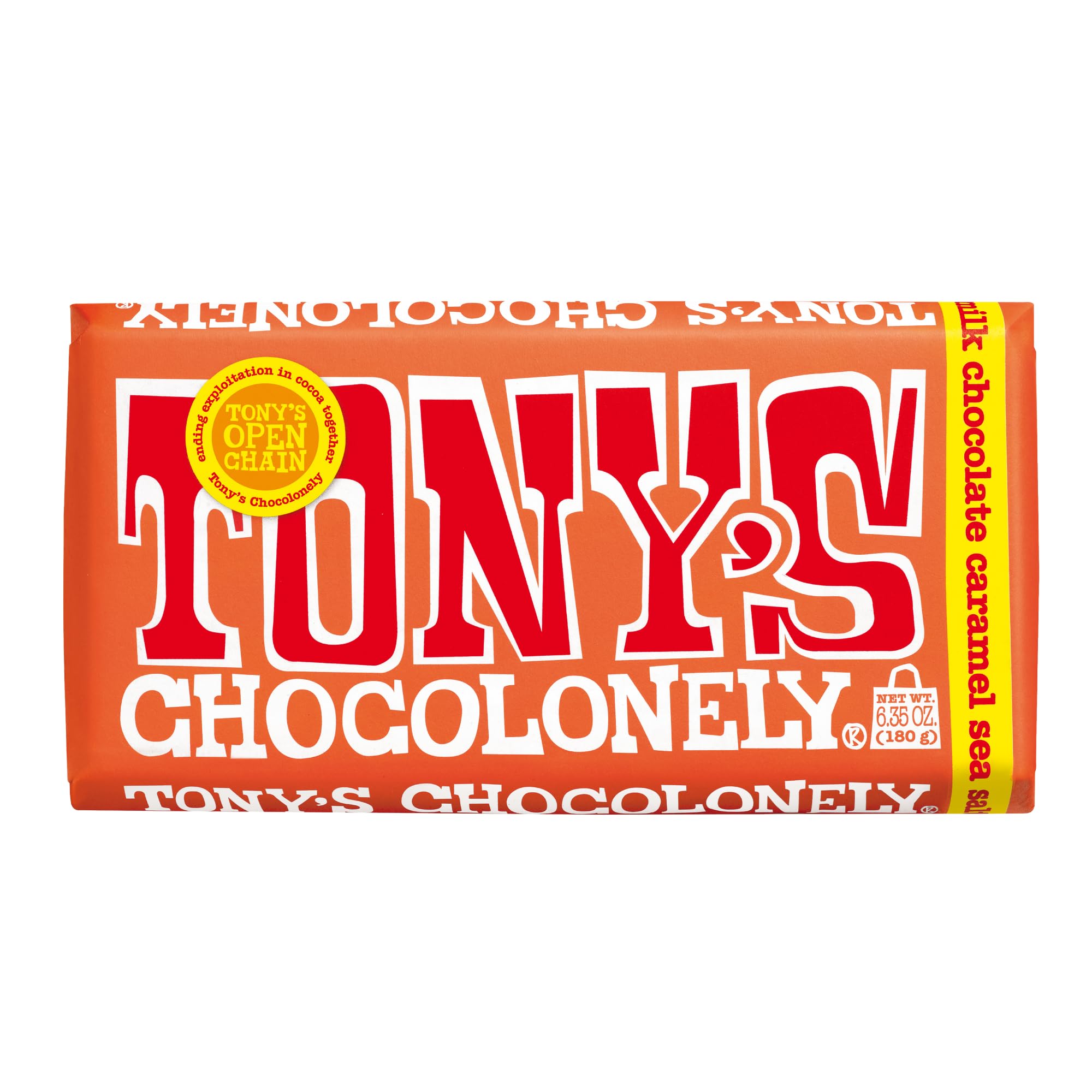 Tony’s Chocolonely Belgian Milk Chocolate Candy Bar With Caramel & Sea Salt for Snacks, Chocolate Bar for Party Favors, Gifts, or Gift Basket, 32% Cacao, Made From Quality Fairtrade Cocoa, 6.35 Oz