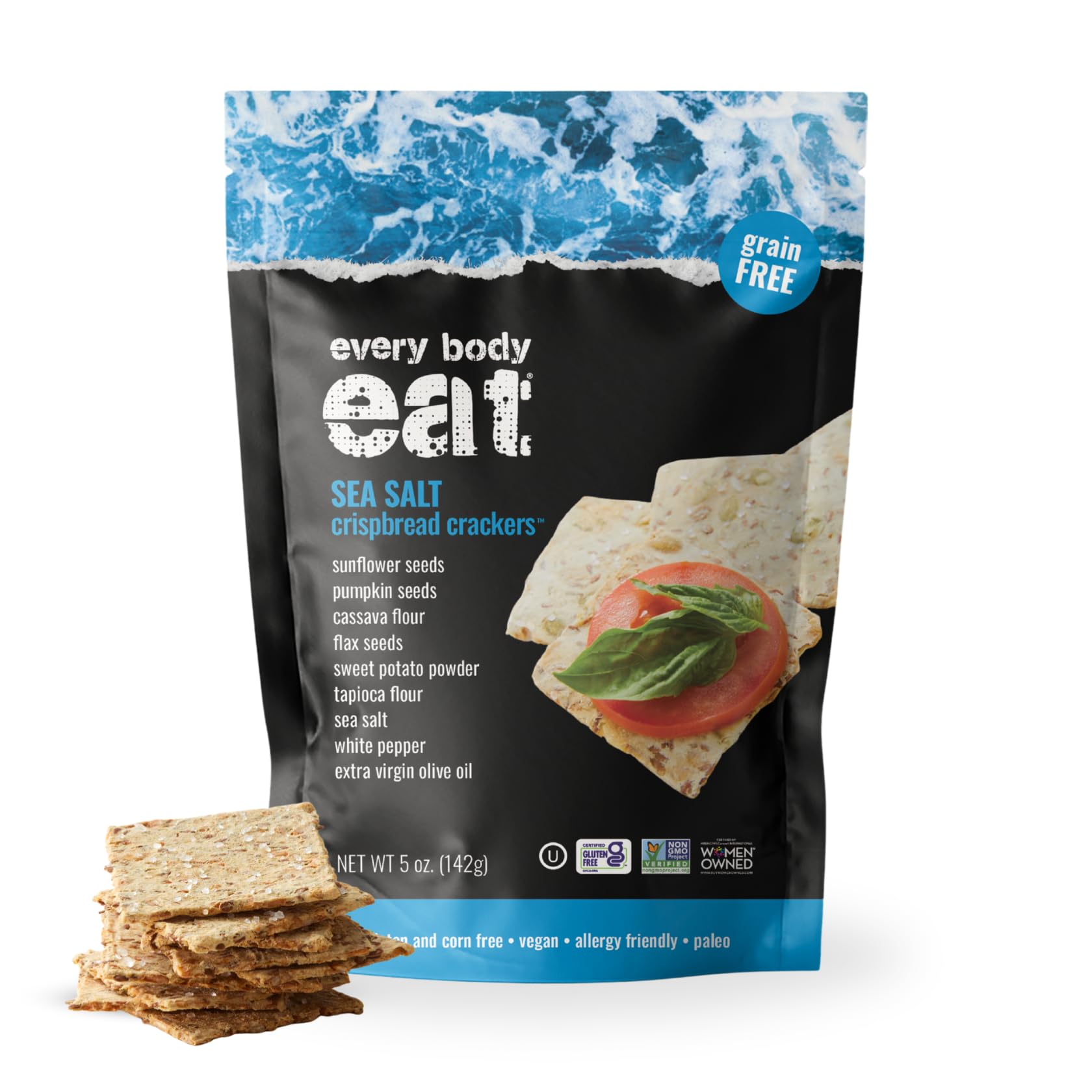 Every Body Eat Crispbread Crackers, Sea Salt - Gluten Free, Grain Free, Dairy Free, Vegan, and Seed Oil Free, 5 Ounce