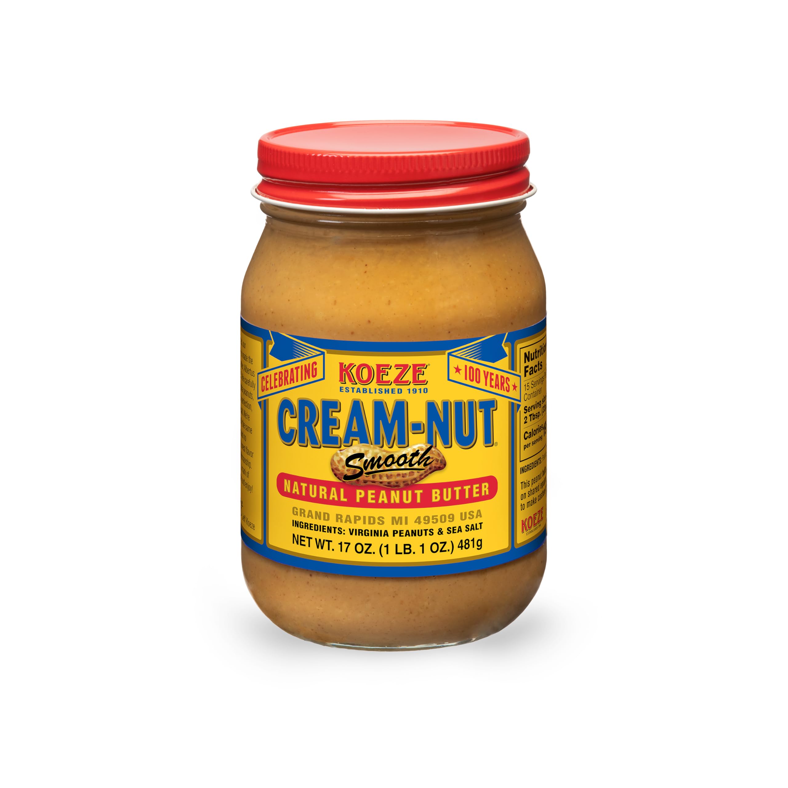 Koeze Cream Nut Natural Smooth Peanut Butter - 17 Ounce Jar Creamy Peanut Butter with Virginia Peanuts and Sea Salt - Deep Roasted Flavor, No Added Preservatives, Sugar or Oils