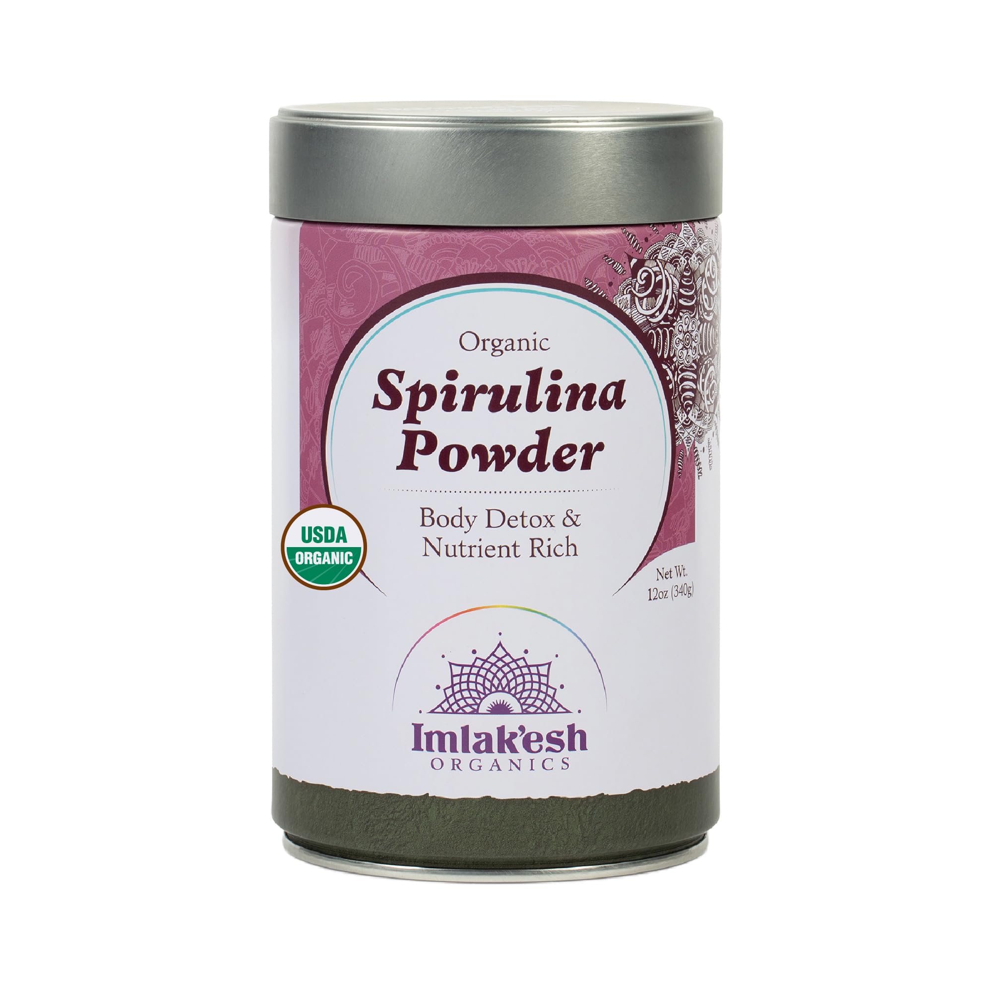 Imlakesh Organics Spirulina Powder - Heirloom Superfood, Grown in South America, Energy, Detox, Focus, Plant-Based Protein, Vitamin B12, Vegan, Keto, Gluten-Free (12oz Metal Jar, 68 Servings)