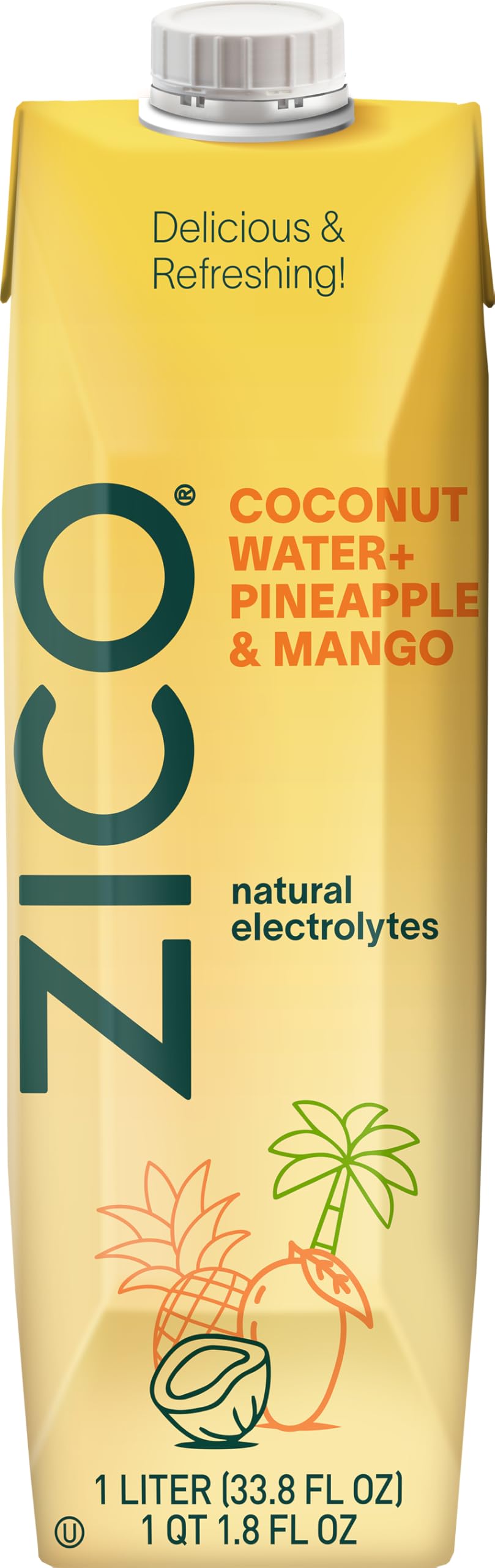 ZICO Pineapple Mango Coconut Water, 33.8 fl oz Carton (Pack of 1) | Tropical Electrolyte Hydration & Post-Workout Recovery, Single Serve Multi-Use