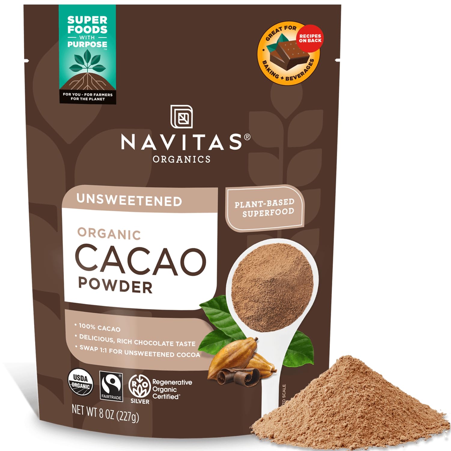 Navitas Organics Cacao Powder - Cocoa Powder Substitute 1:1, For Hot Chocolate, Baking & More - Regenerative Organic Certified, Non GMO, Fairtrade, Gluten Free, Non-alkalized (8oz. Bag, 38 Servings)