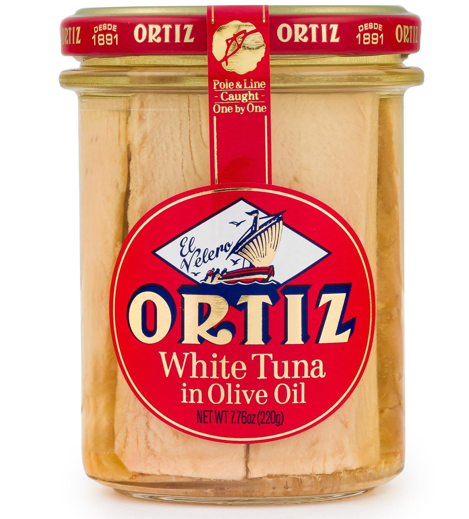 Ortiz White Tuna in Olive Oil, Hand-Packed Fillets in Glass Jar, 7.76oz | Bonito del Norte White Tuna in Olive Oil, Hand-Packed Fillets in Glass Jar, Spanish Wild-Caught Albacore Tuna