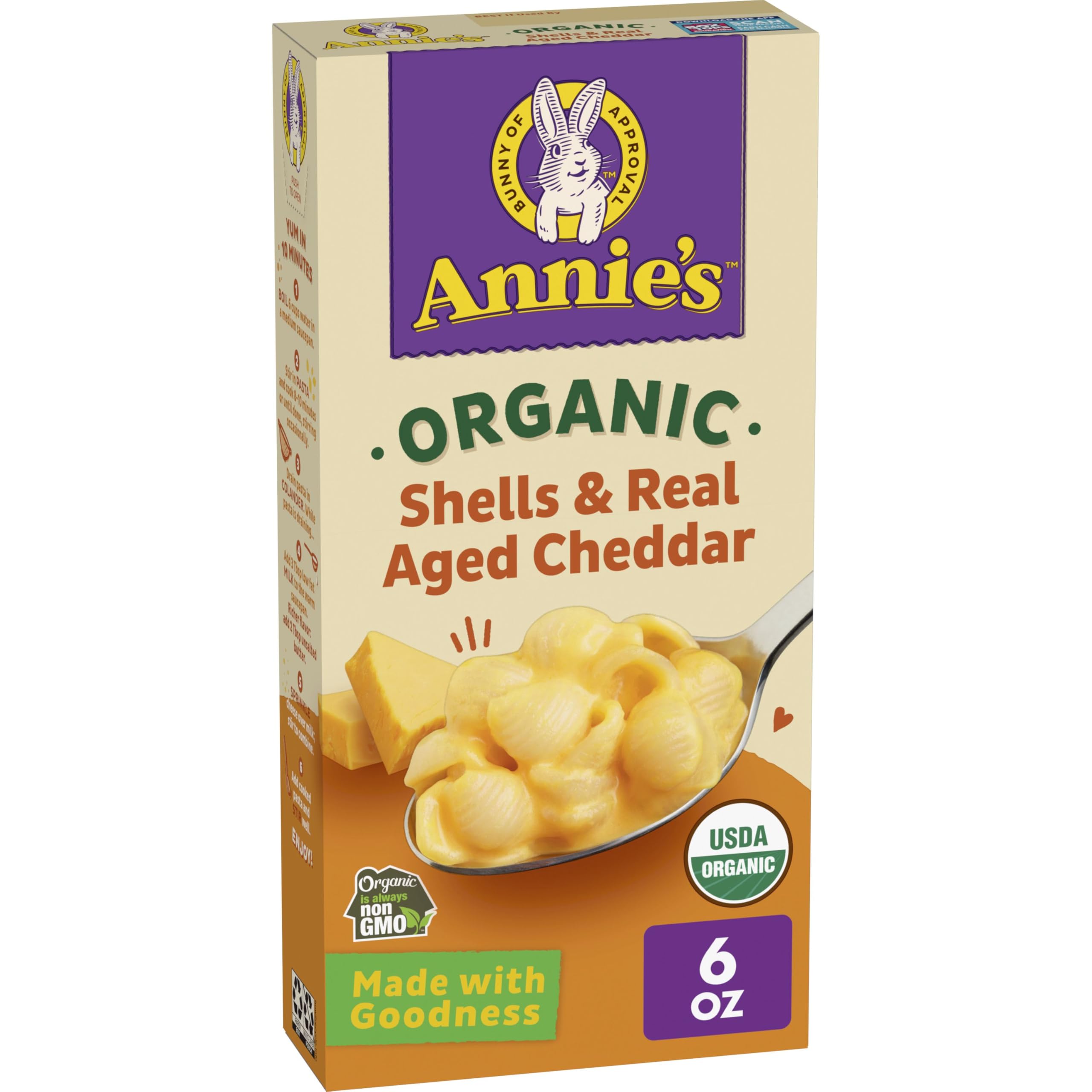 Annie's Organic Shells & Aged Cheddar Mac & Cheese, 6 oz | USDA Certified Organic, Real Aged Cheddar Cheese, No Artificial Flavors or Synthetic Colors, Ready in About 10 Minutes