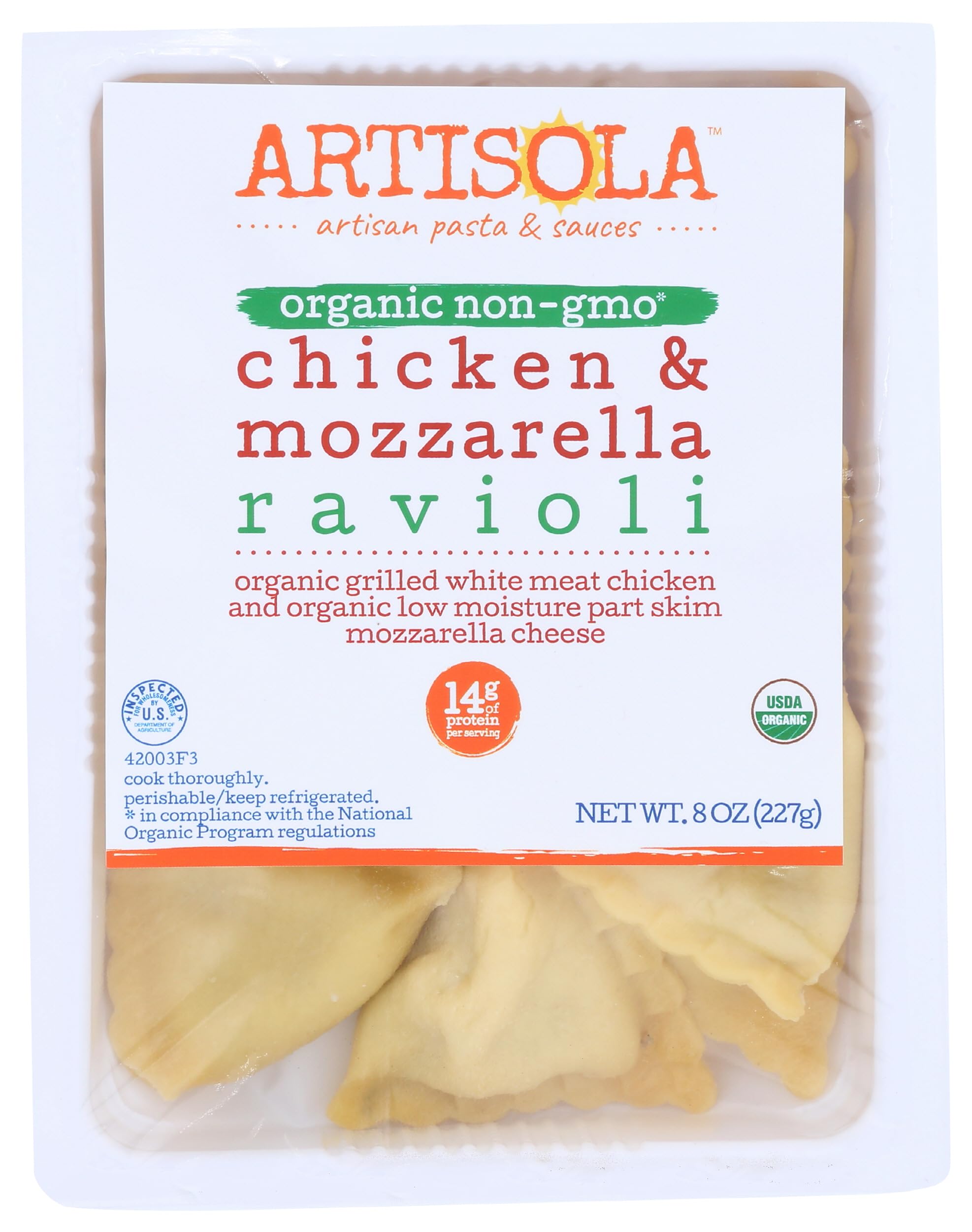 Artisola Pasta, Organic Chicken & Mozzarella Ravioli, 8 oz