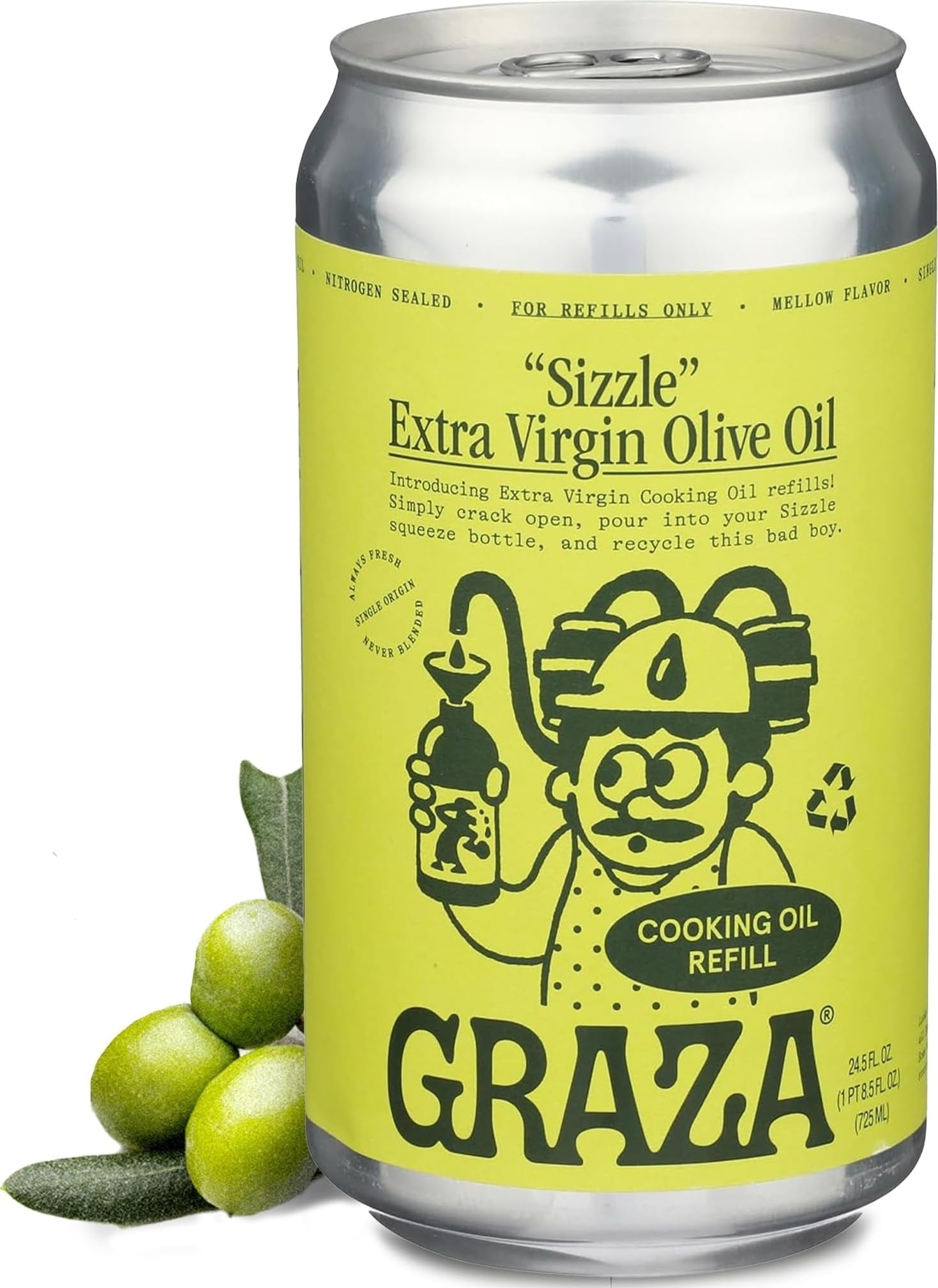 Graza Sizzle Extra Virgin Olive Oil, Cooking Oil - High Polyphenol Peak Harvest EVOO Cooking Oil in a Squeeze Bottle - Single Farm Olives from Spain - 25.3 Fl Oz (750ml) Refill Can
