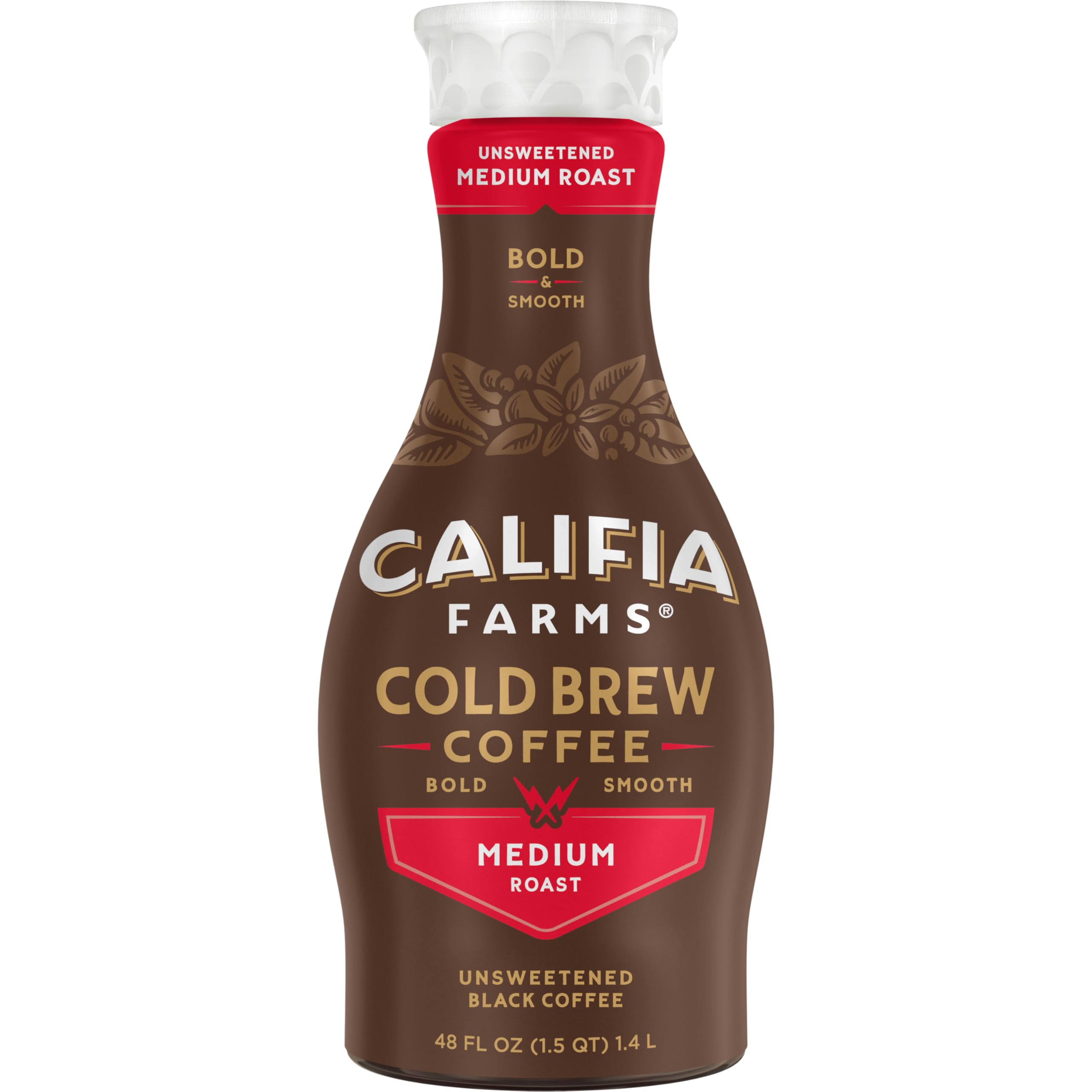 Califia Farms - Pure Black Medium Roast Cold Brew Coffee, 48 Oz, 100% Arabica, Plant Based, Vegan, Gluten Free, Non GMO, Sugar Free, Iced Coffee