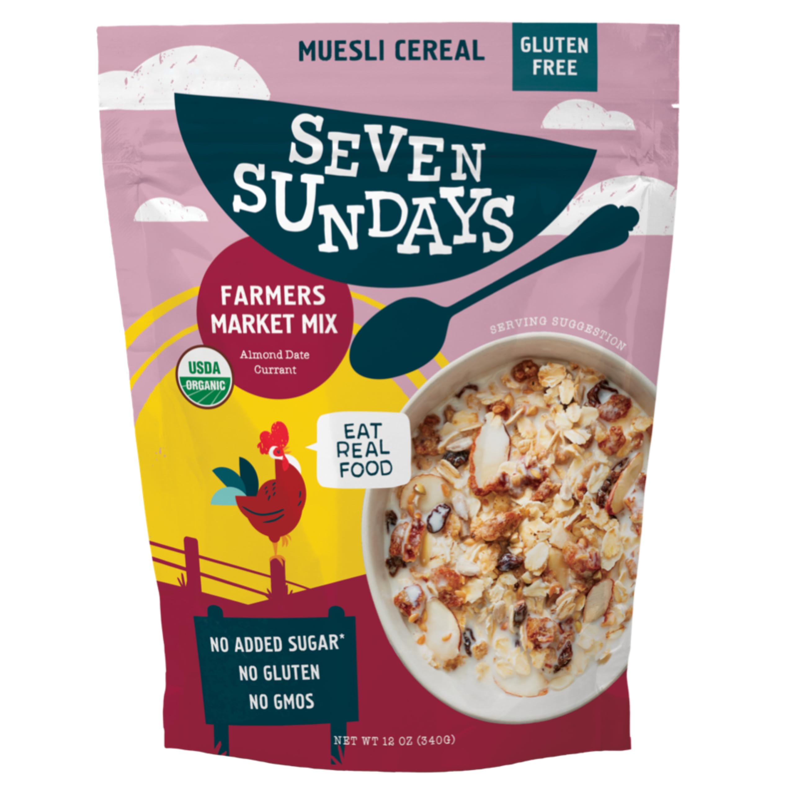 Seven Sundays Organic Muesli Cereal, Farmers Market Almond Date Currant, 12 Oz Bag, Gluten Free, 0g Added Sugar, Enjoy Warm, Cool or as Overnight Oats