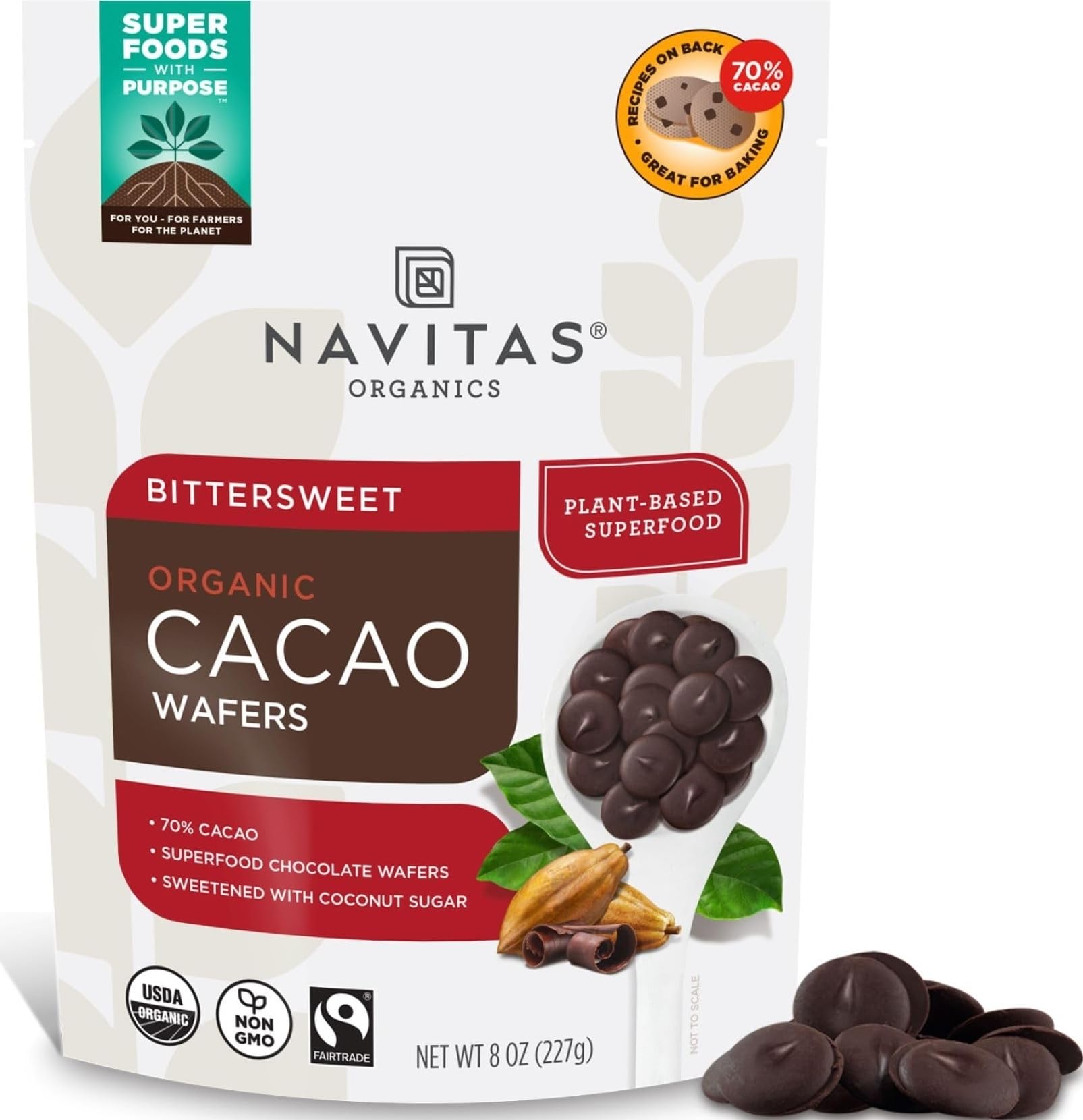 Navitas Organics Organic Bittersweet Cacao Wafers, 8oz — Organic, Fairtrade, Non-GMO, Gluten-Free