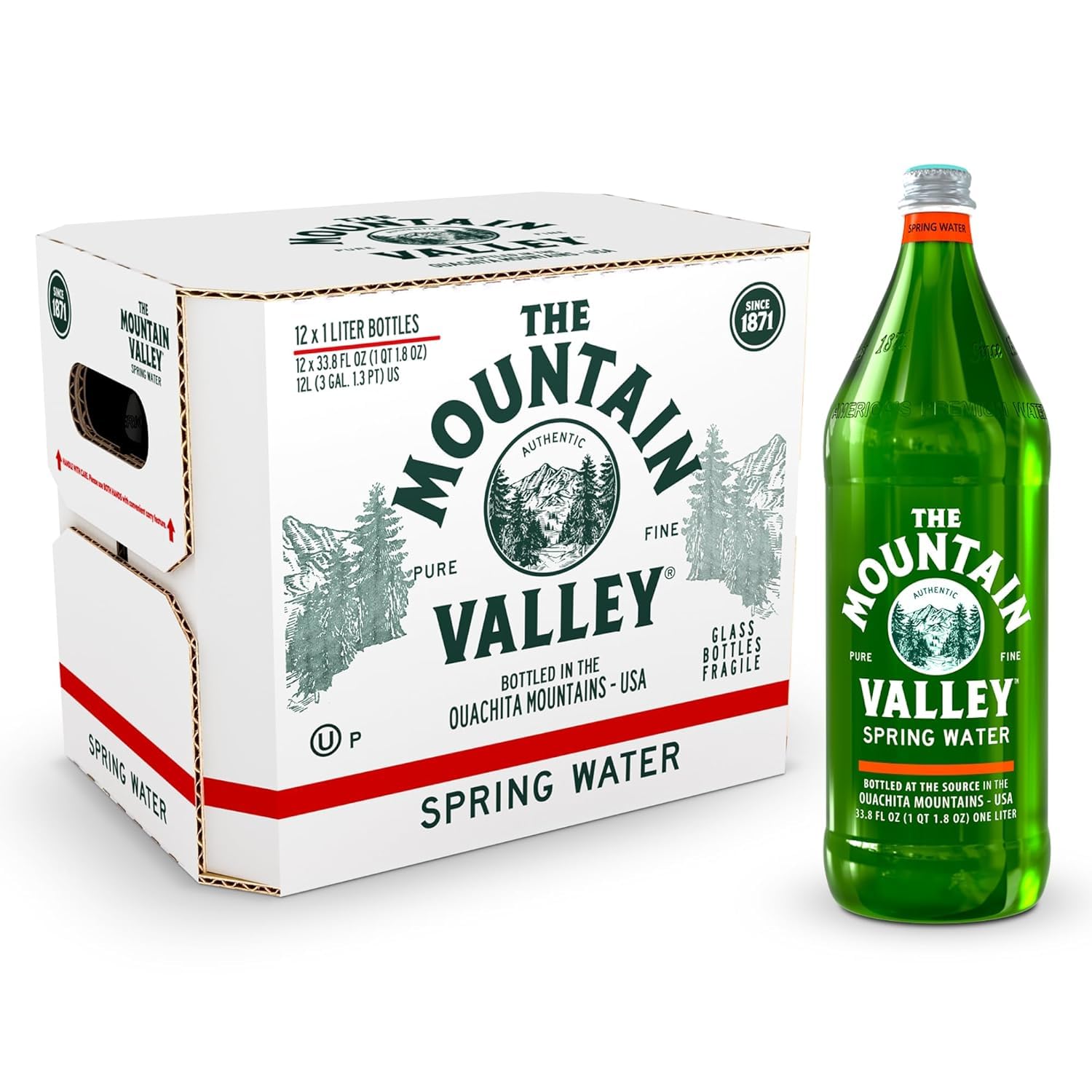 Mountain Valley Water Spring Water 12 Pack, 1 LT | Still Drinking Water with Naturally Balanced Minerals for a Crisp Clean Taste - Glass Bottles