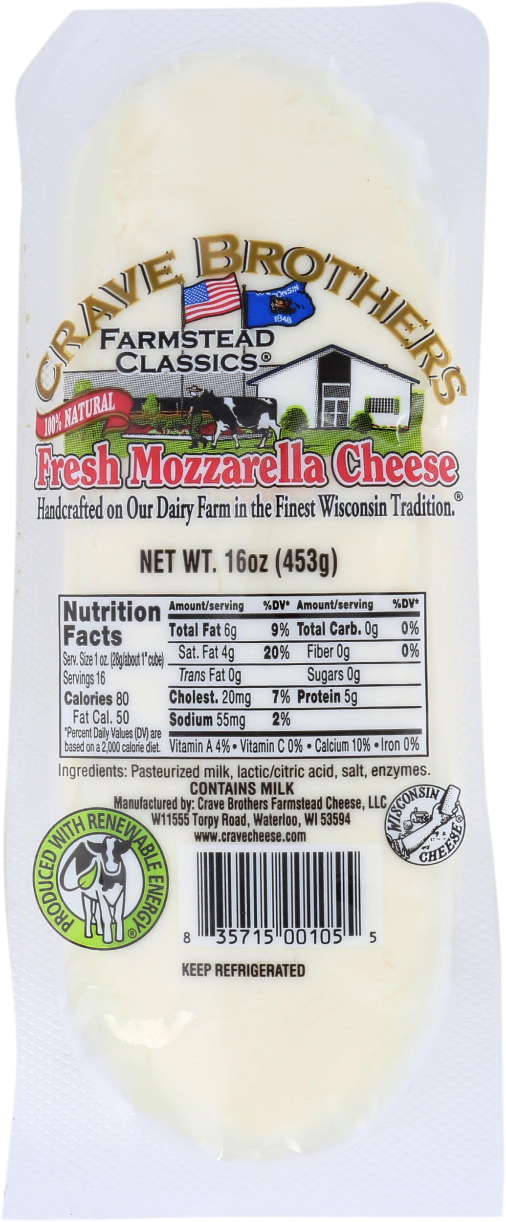 Crave Brothers, Fresh Mozzarella Cheese Log, 16 oz