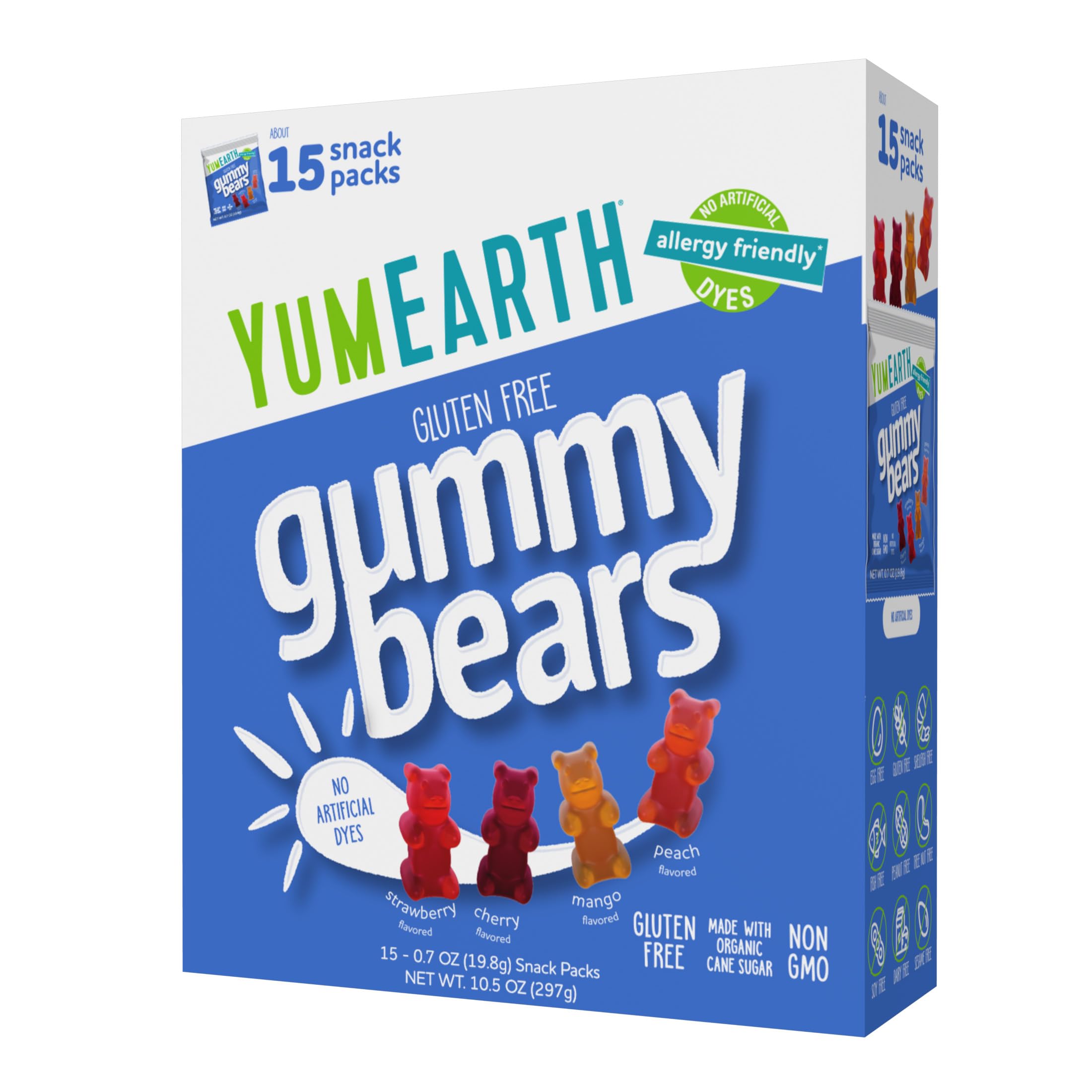 YumEarth Organic Gummy Bears - Fruity Gummy Candy Snack Packs, Gluten Free Snacks for Kids - Allergy Friendly, Non-GMO, No Artificial Dyes - Assorted Flavors, 10.5 oz. (Pack of 15)