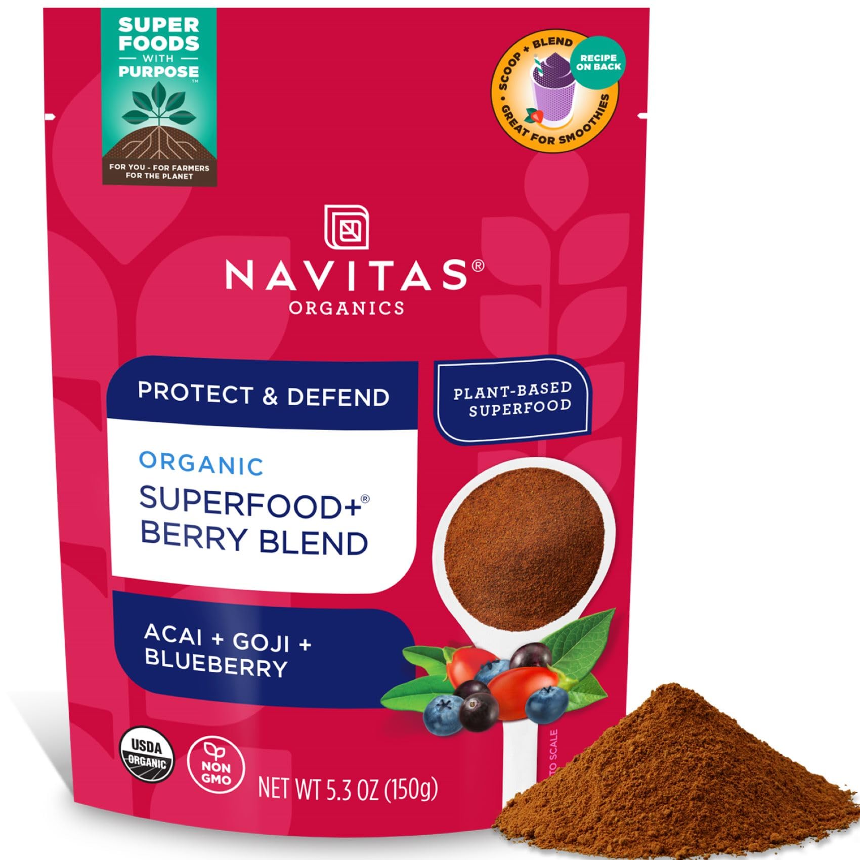Navitas Organics Superfood+ for Immune Support (Acai + Goji + Blueberry), Bag, 30 Servings Organic, Non-GMO, Vegan, Gluten-Free, Keto & Paleo, Berry Blend, 5.3 Oz