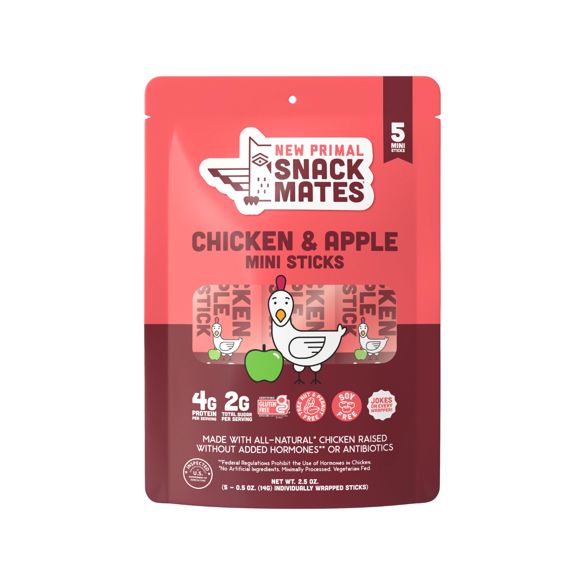The New Primal Snack Mates, Chicken and Apple Stick - All Natural Chicken, High Protein and Low Sugar Kids Snack, Certified Paleo, Gluten Free, Lunchbox Friendly - 1 Count (Pack of 5)